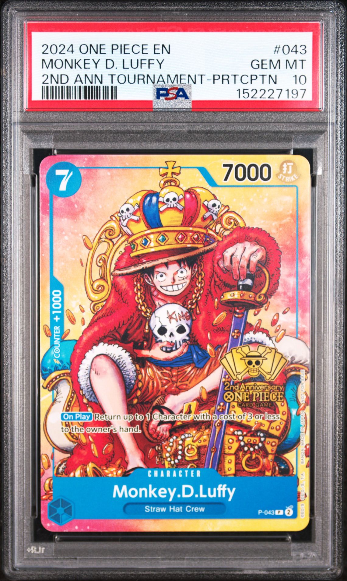 2024 ONE PIECE PROMOS MONKEY D. LUFFY 2ND ANN TOURNAMENT-PRTCPTN 043 GEM MT 10 front