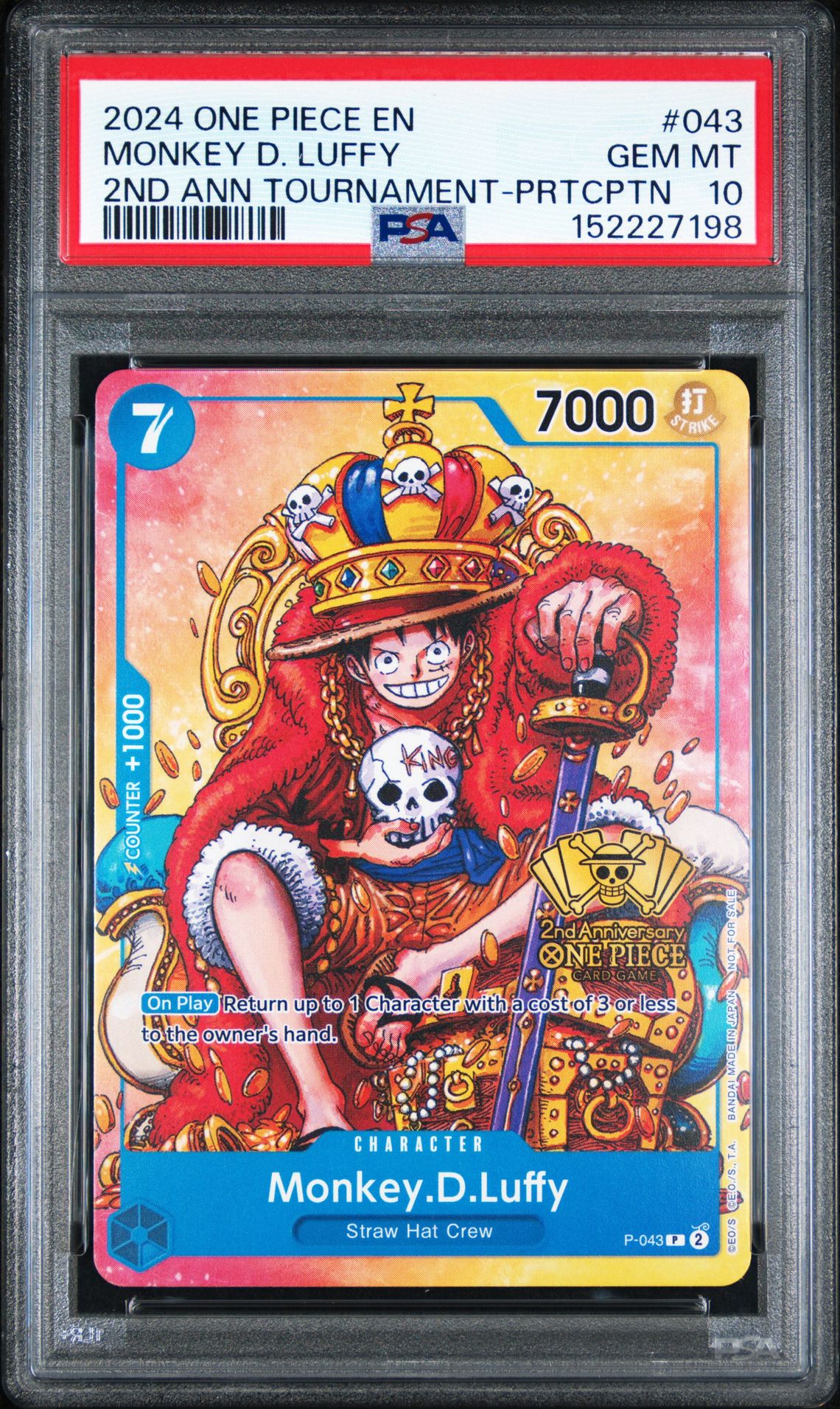 2024 One Piece Promos Monkey D. Luffy #043 (2Nd Ann Tournament-Prtcptn) Gem Mt 10 front