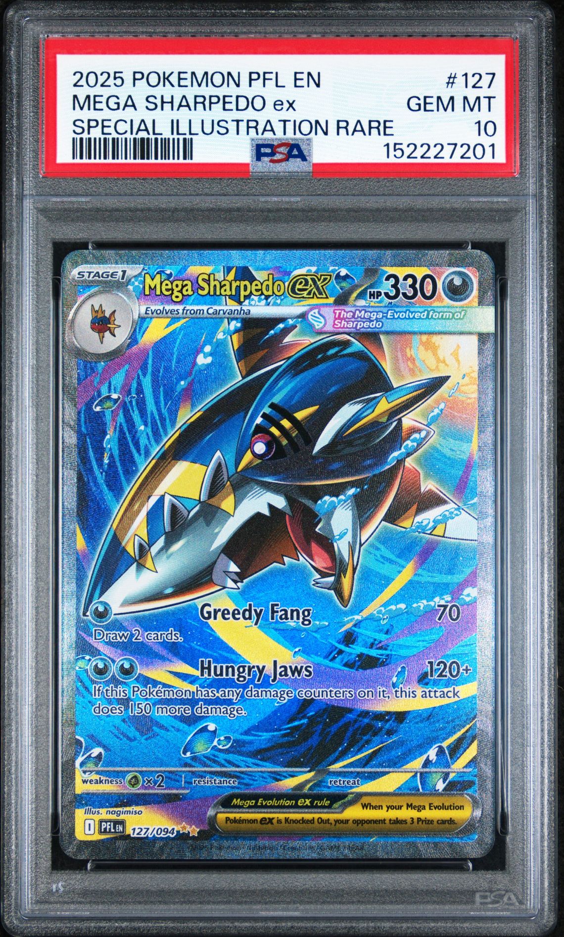 2025 Pokemon Pfl En-Phantasmal Flames Mega Sharpedo Ex #127 (Special Illustration Rare) Gem Mt 10 front view - PSA graded GEM MT 10
