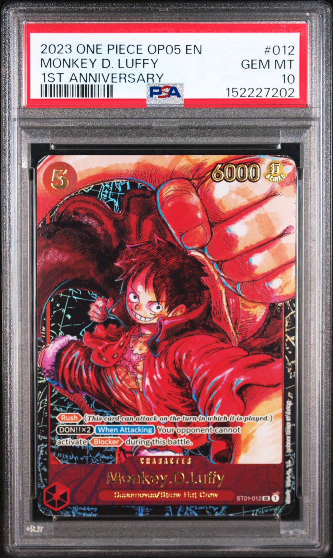 2023 One Piece Op05-Awakening Of The New Era Monkey D. Luffy #012 (1St Anniversary) Gem Mt 10 front