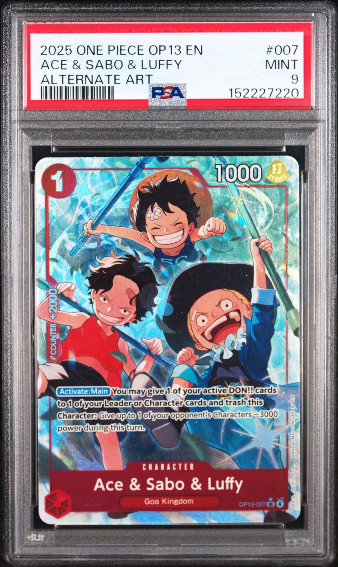 2025 One Piece Op13-Carrying On His Will Ace & Sabo & Luffy #007 (Alternate Art) Mint 9 front