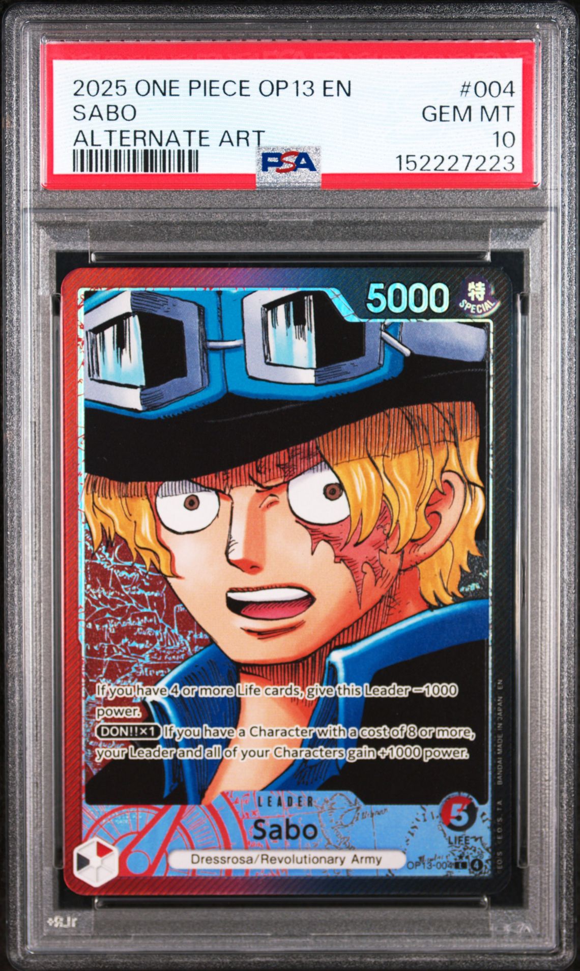 2025 One Piece Op13-Carrying On His Will Sabo #004 (Alternate Art) Gem Mt 10 front view - PSA graded GEM MT 10