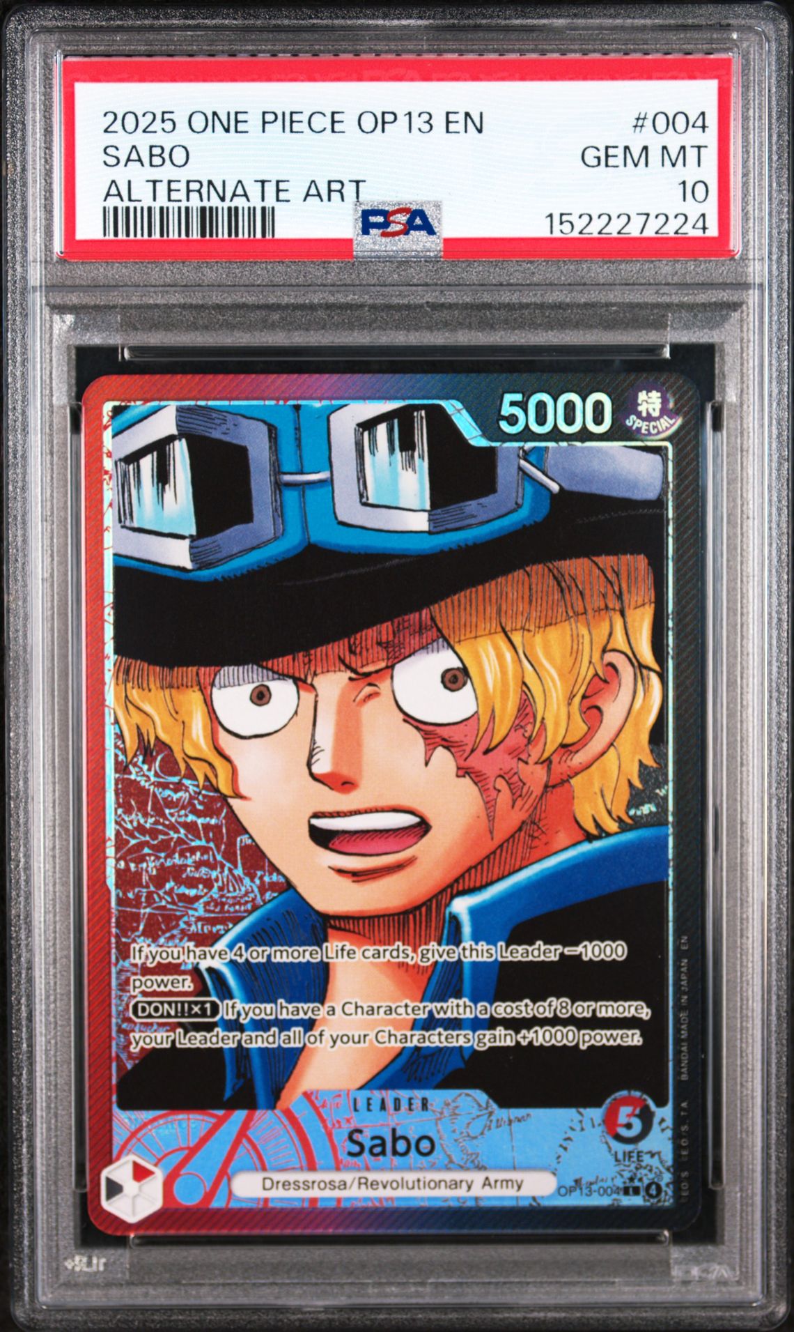 2025 One Piece Op13-Carrying On His Will Sabo #004 (Alternate Art) Gem Mt 10 front view - PSA graded GEM MT 10
