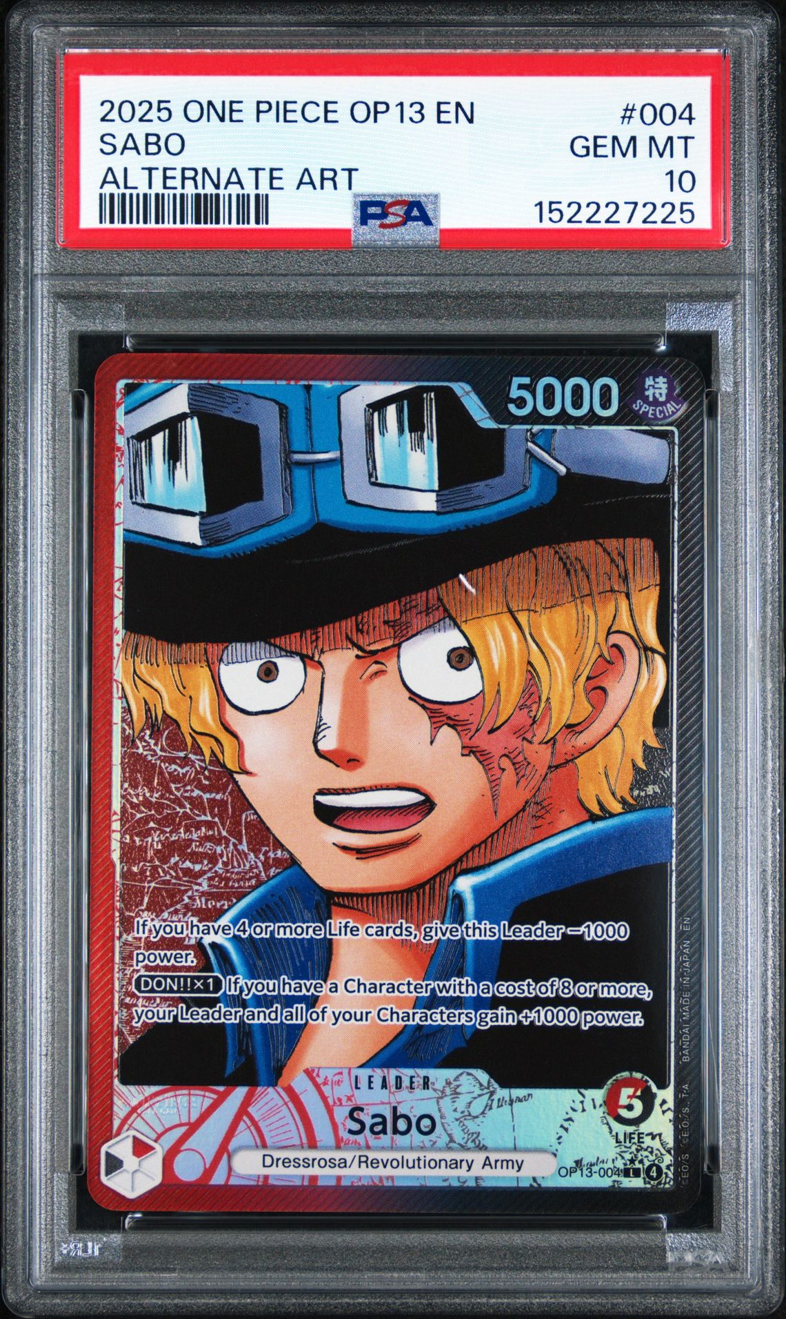 2025 ONE PIECE OP13-CARRYING ON HIS WILL SABO ALTERNATE ART 004 GEM MT 10 front