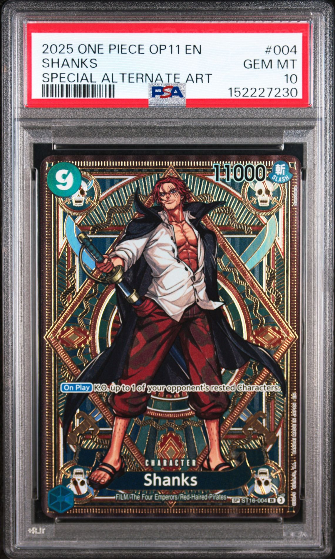 2025 ONE PIECE OP11-A FIST OF DIVINE SPEED SHANKS SPECIAL ALTERNATE ART 004 GEM MT 10 front