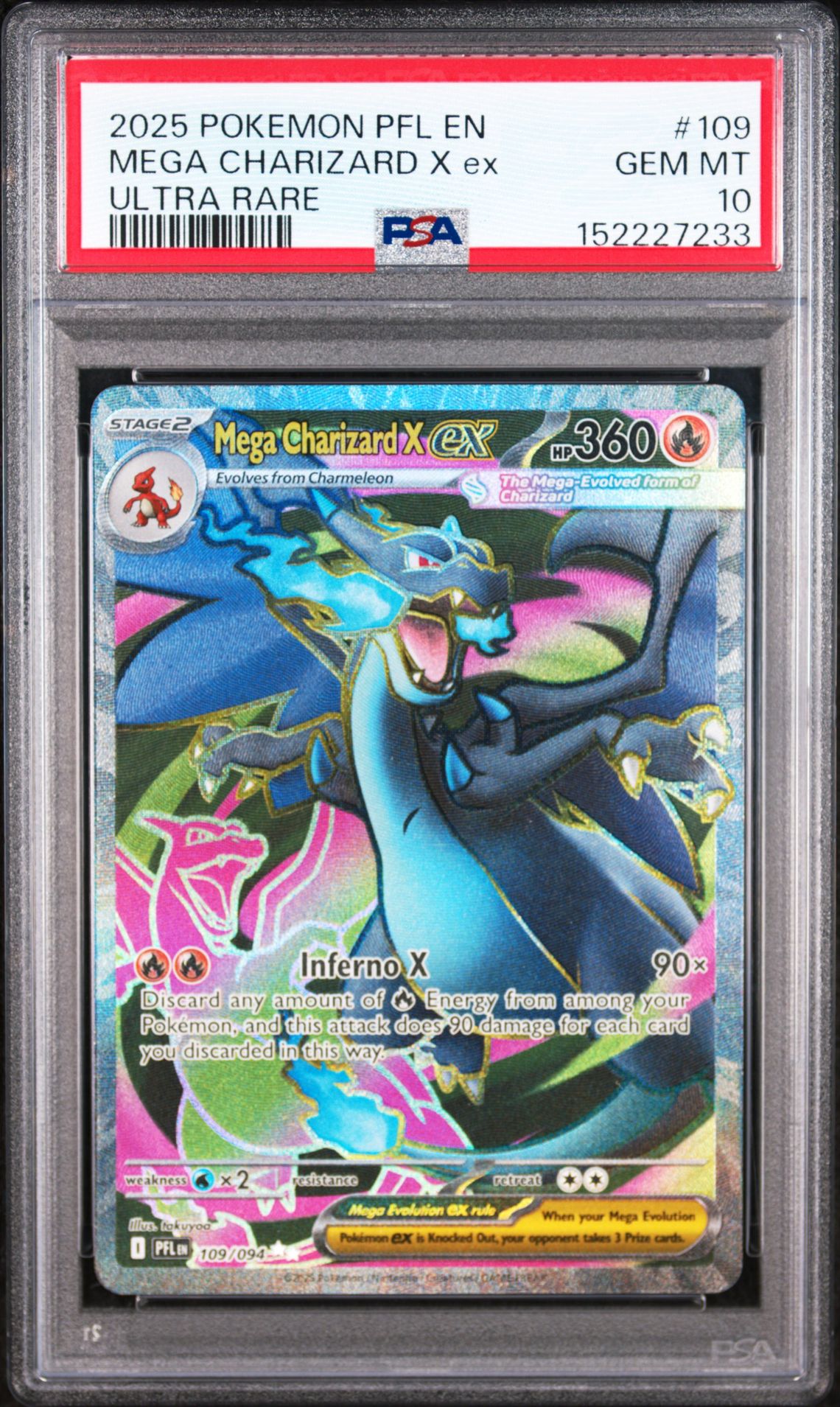 2025 Pokemon Pfl En-Phantasmal Flames Mega Charizard X Ex #109 (Ultra Rare) Gem Mt 10 front view - PSA graded GEM MT 10