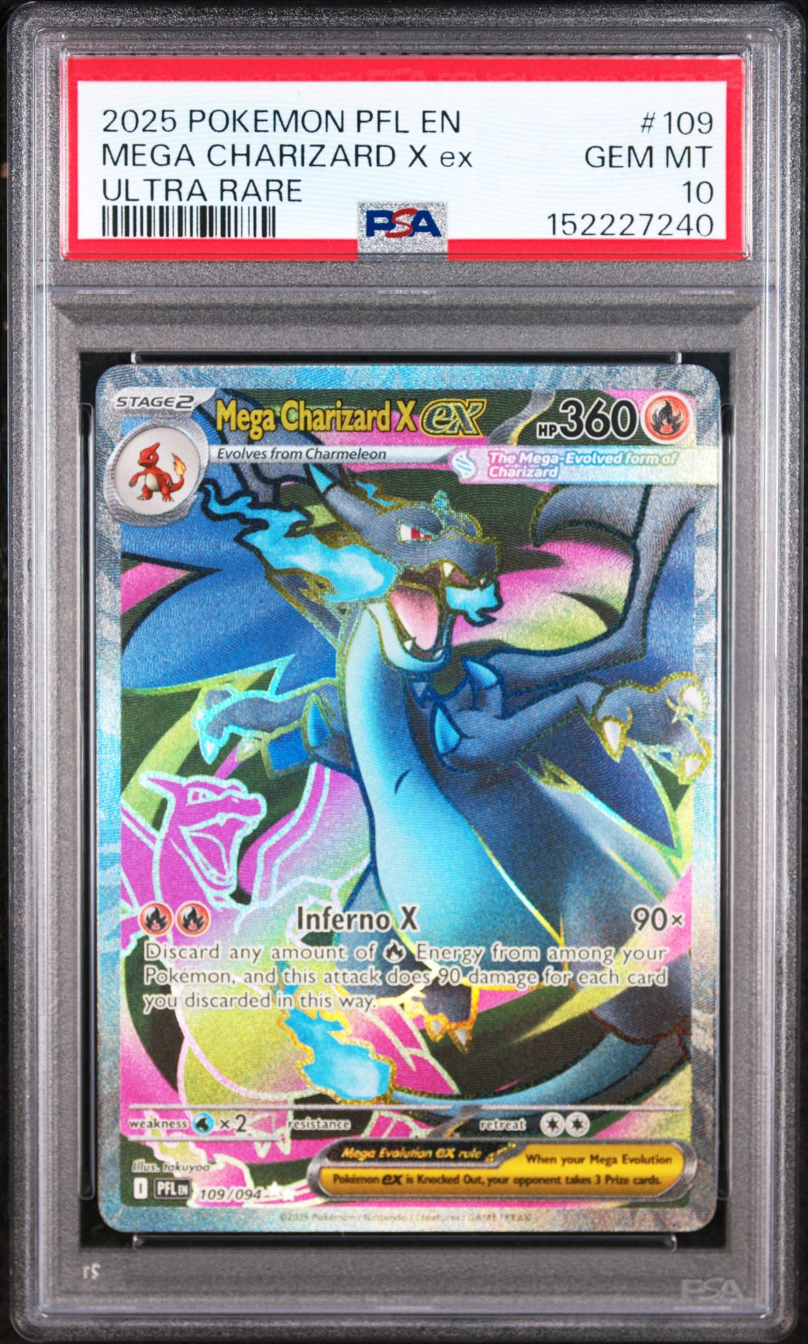2025 Pokemon Pfl En-Phantasmal Flames Mega Charizard X Ex #109 (Ultra Rare) Gem Mt 10 front view - PSA graded GEM MT 10
