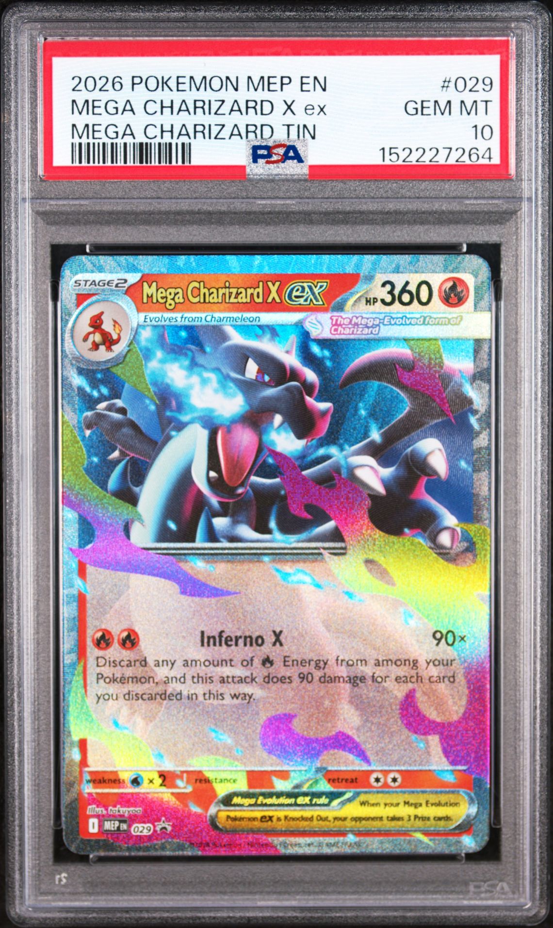 2026 Pokemon Mep En-Me Black Star Promo Mega Charizard X Ex #029 (Mega Charizard Tin) Gem Mt 10 front view - PSA graded GEM MT 10