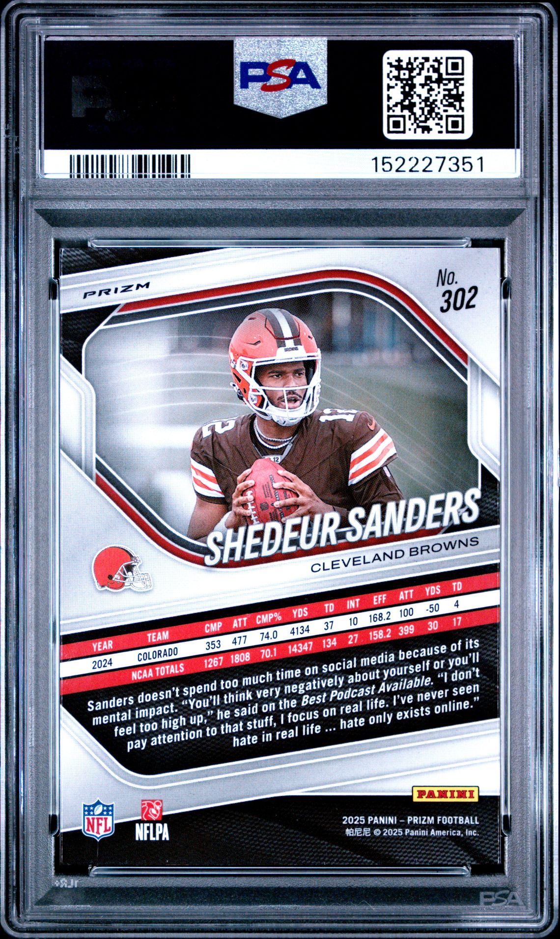 2025 Panini Prizm Shedeur Sanders #302 (Lazer Prizm) Gem Mt 10 back
