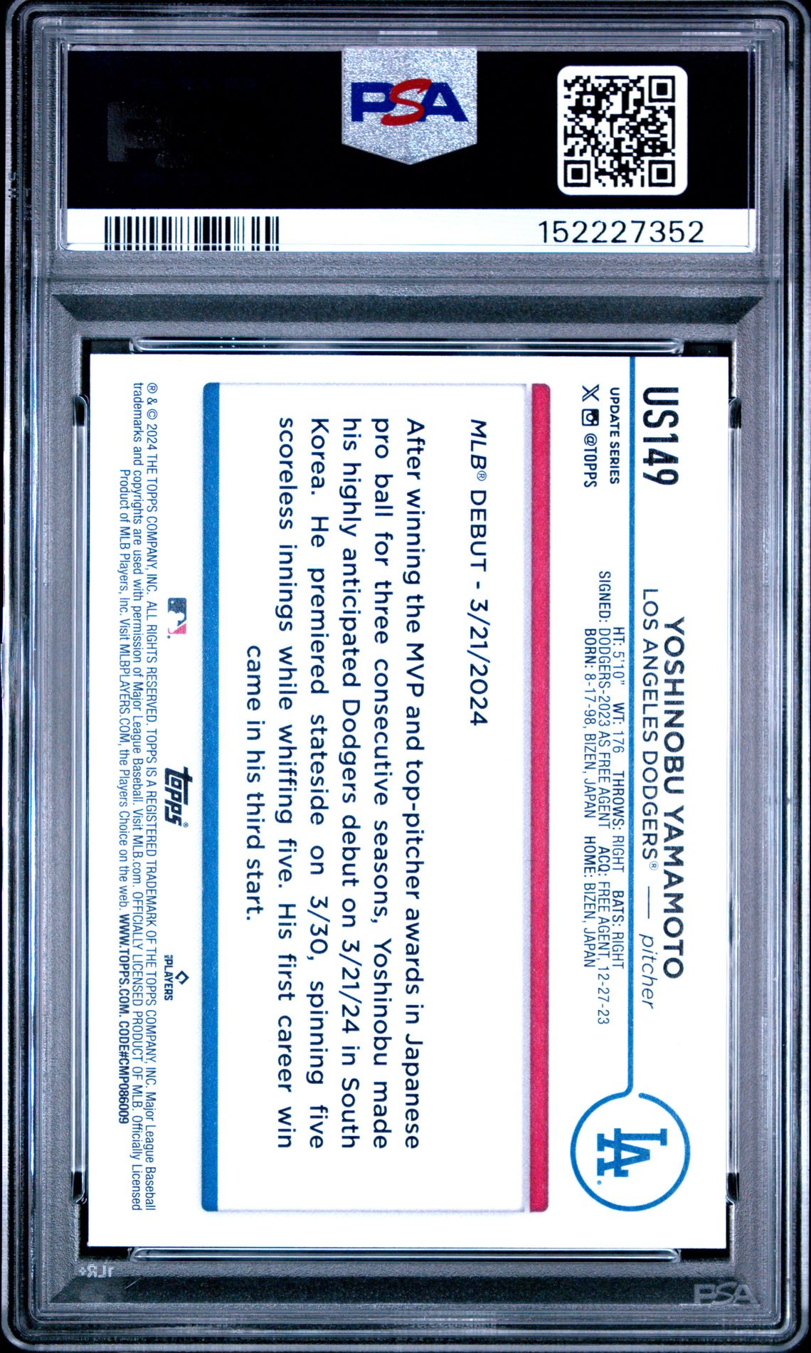 2024 Topps Update Yoshinobu Yamamoto #Us149 Gem Mt 10 back view - PSA certificate #152227352