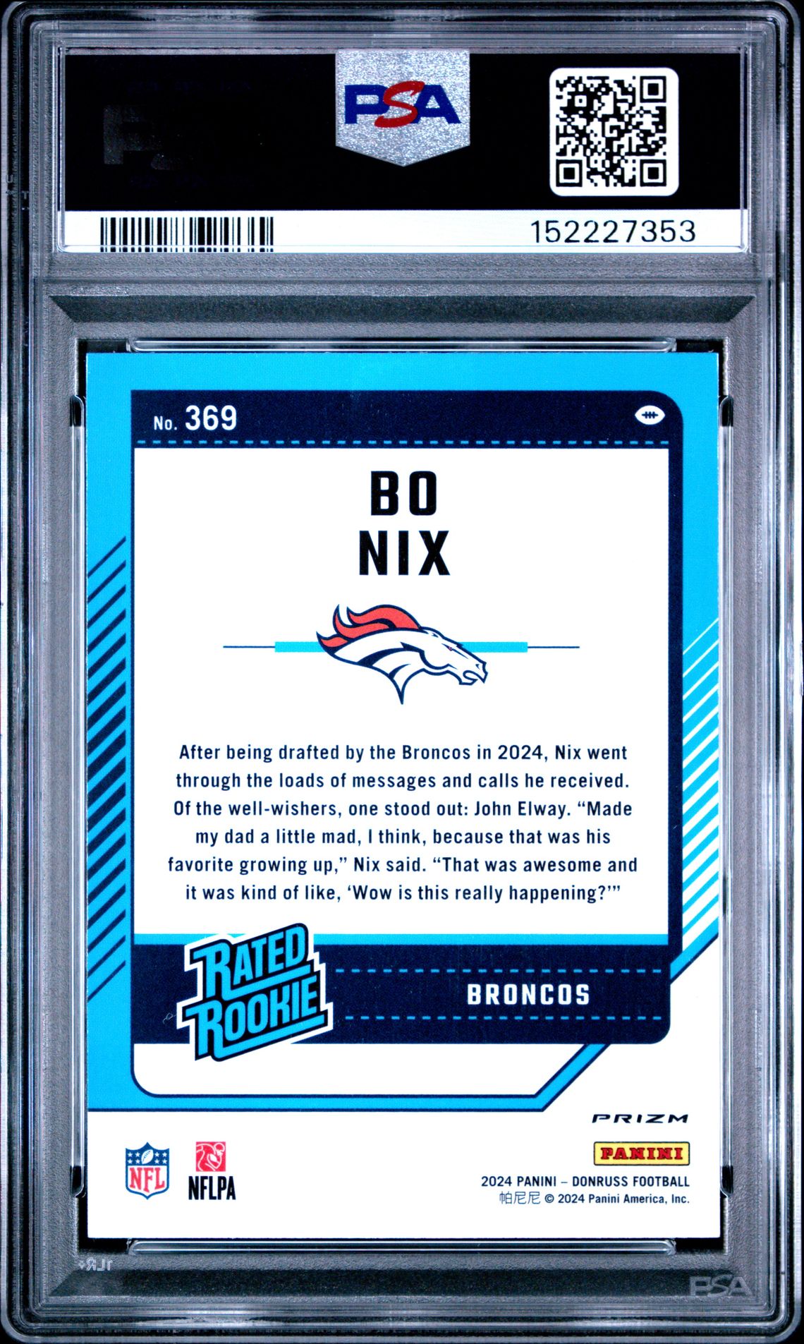 2024 Panini Donruss Bo Nix #369 (Optic Preview-Red & Green) Gem Mt 10 back view - PSA certificate #152227353