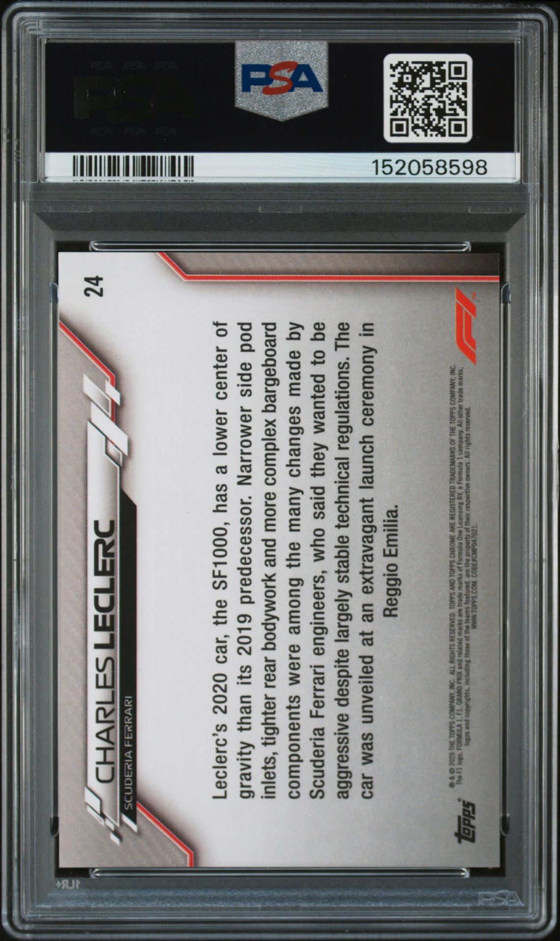 2020 Topps Chrome Formula 1 Sapphire Edition Charles Leclerc #24 (Sapphire Edition) Gem Mt 10 back view - PSA certificate #152058598