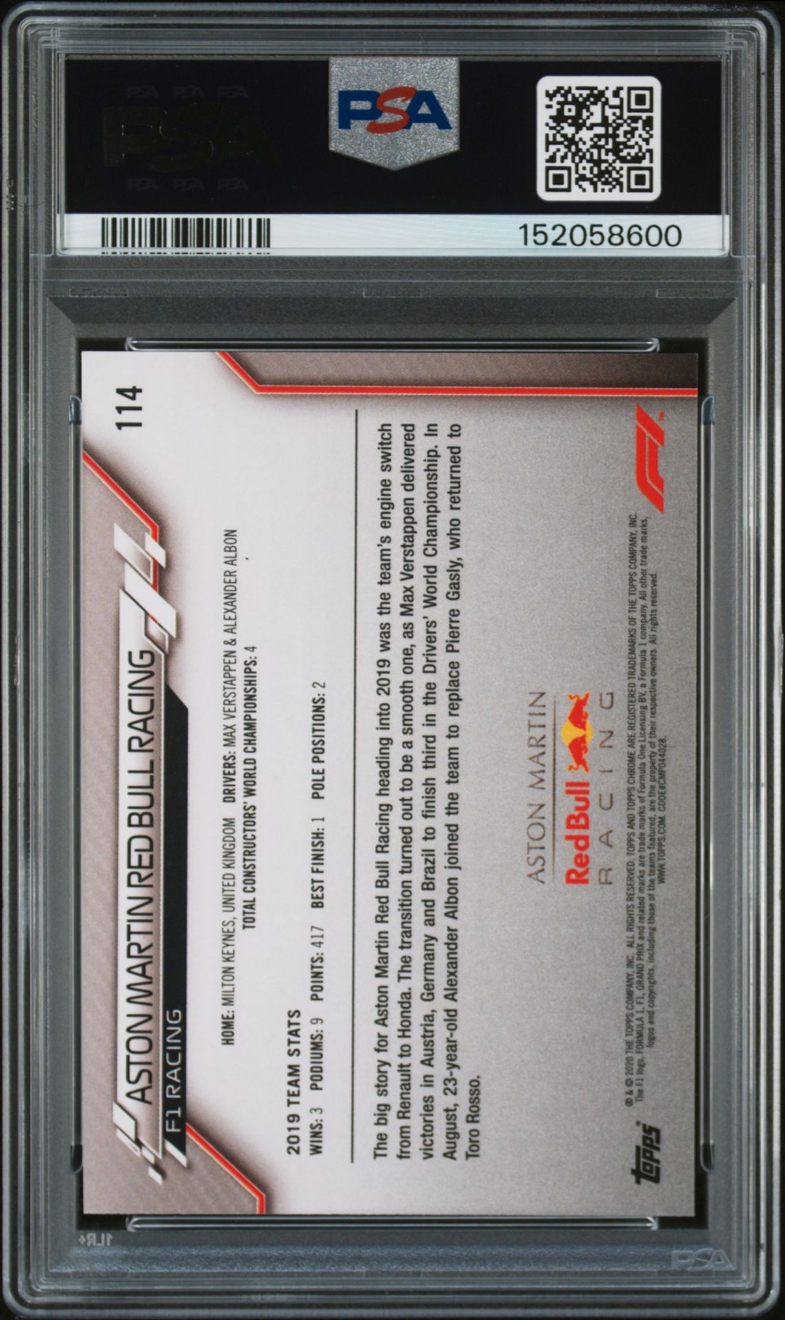 2020 Topps Chrome Formula 1 Aston Martin Red Bull #114 Gem Mt 10 back view - PSA certificate #152058600