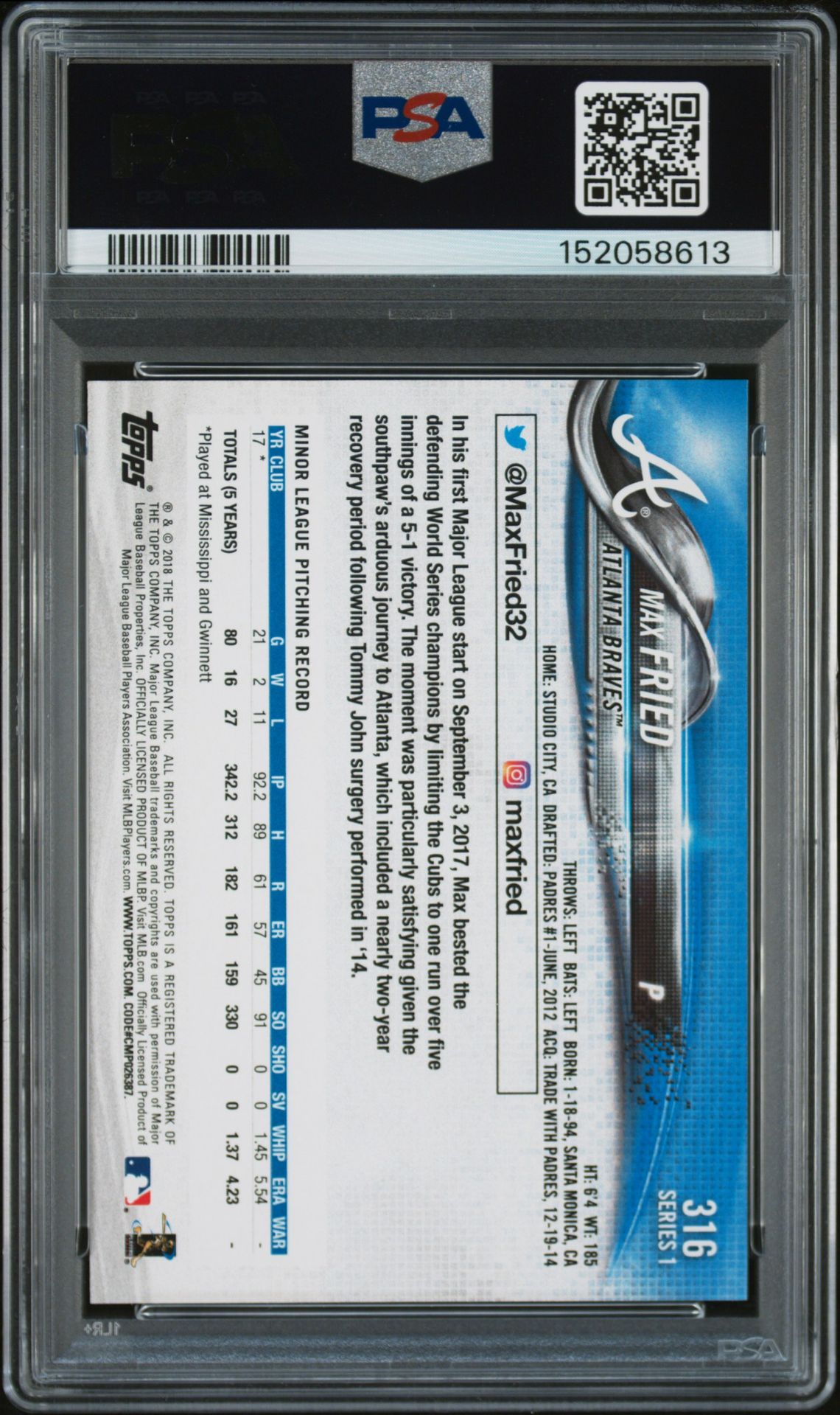 2018 Topps Max Fried #316 Gem Mt 10 back view - PSA certificate #152058613