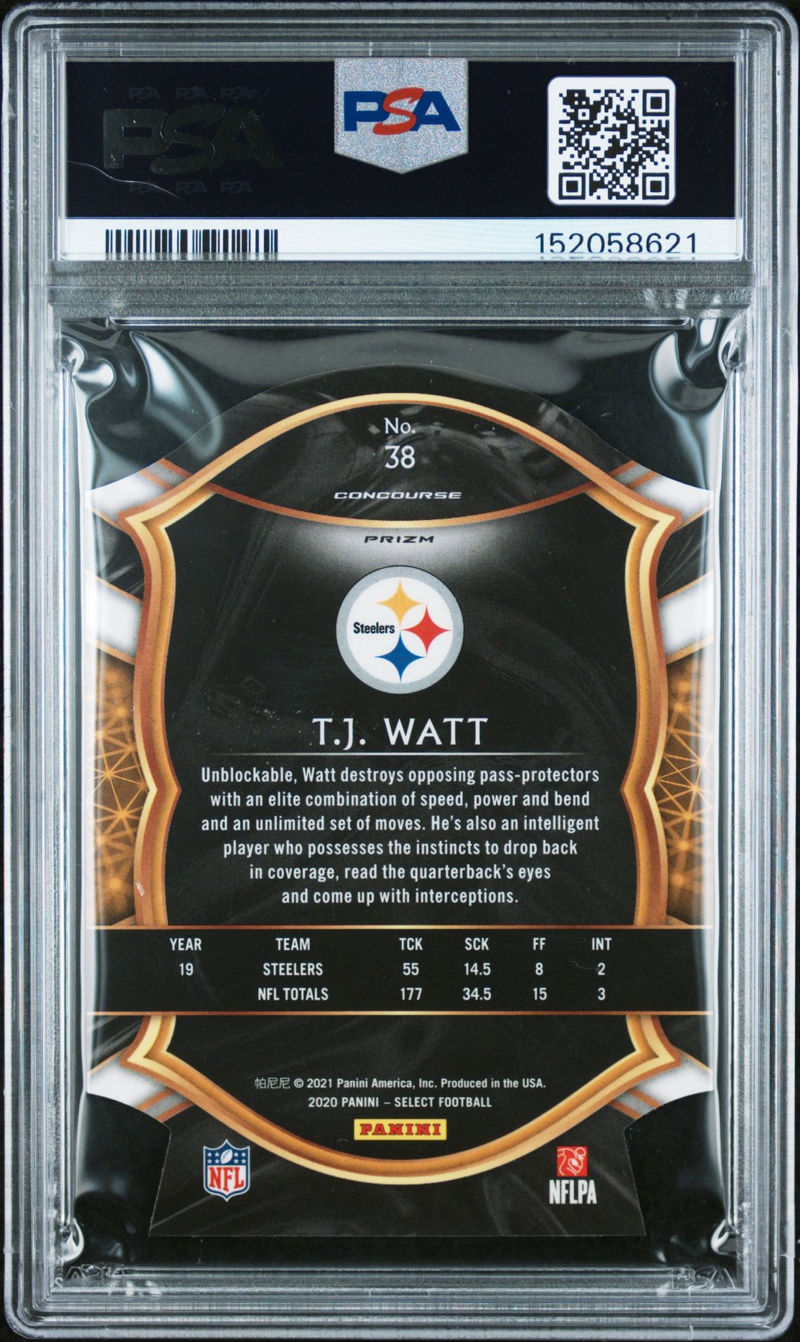 2020 Panini Select T.j. Watt #38 (Die-Cut Blue Prizm) Gem Mt 10 back view - PSA certificate #152058621