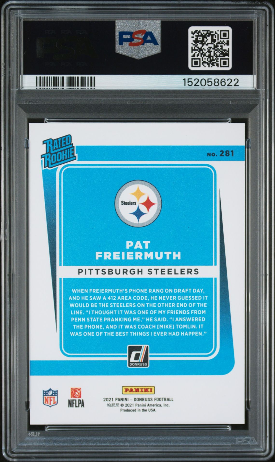 2021 Panini Donruss Pat Freiermuth #281 (Press Proof Premium) Gem Mt 10 back view - PSA certificate #152058622