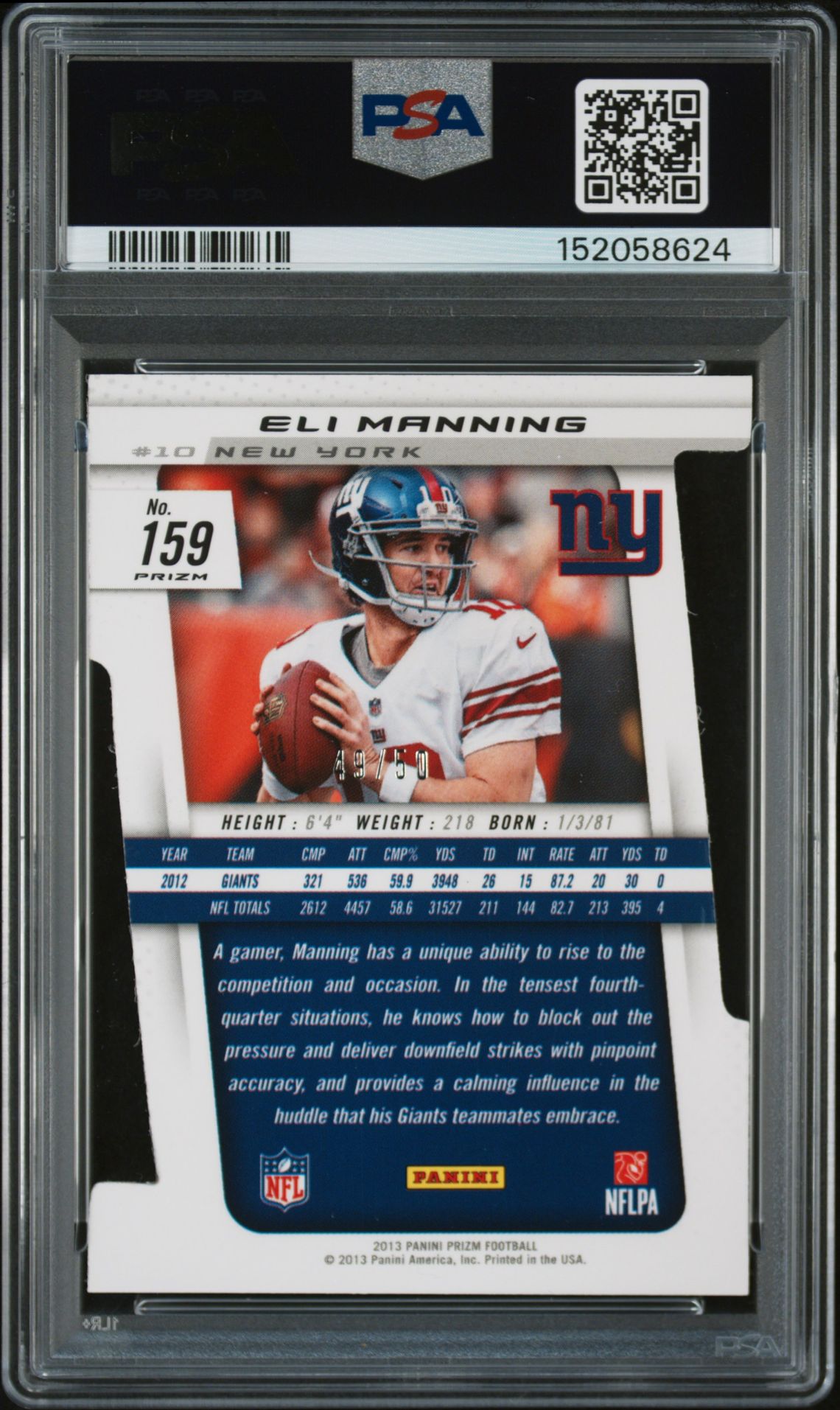 2013 Panini Prizm Eli Manning #159 (Orange Die-Cut Prizm) Gem Mt 10 back view - PSA certificate #152058624