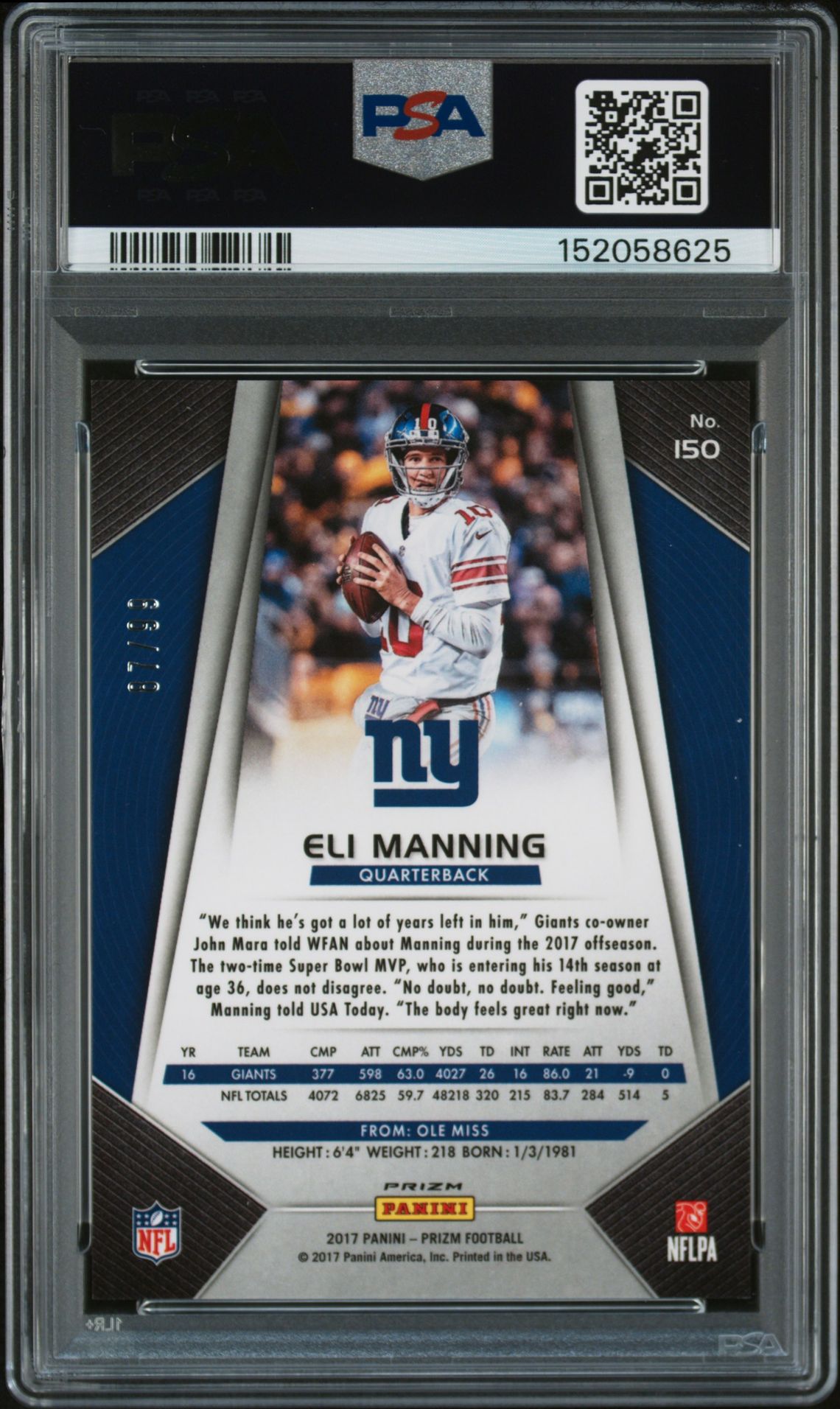 2017 Panini Prizm Eli Manning #150 (Green Scope Prizm) Gem Mt 10 back view - PSA certificate #152058625