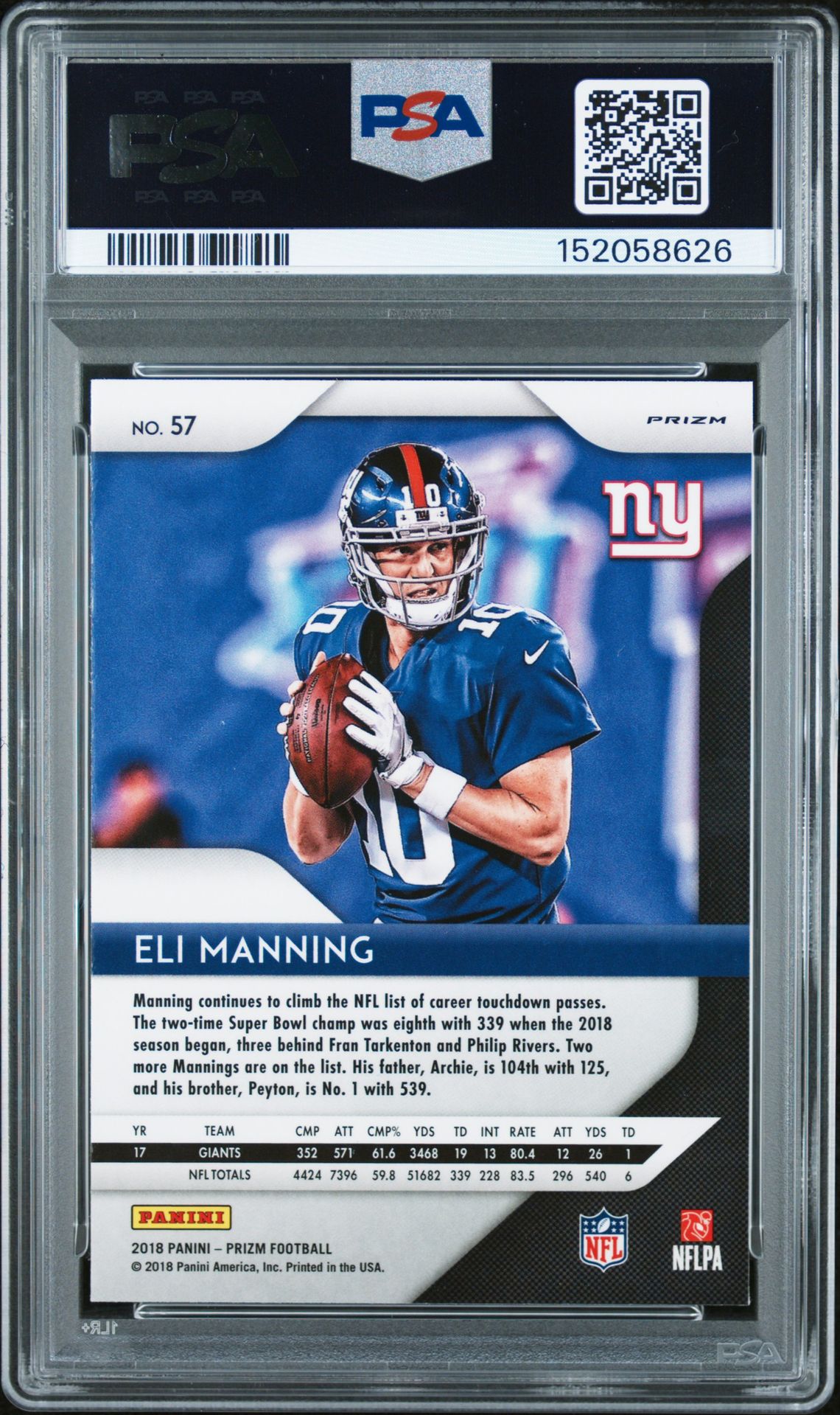 2018 Panini Prizm Eli Manning #57 (Lazer Prizm) Mint 9 back