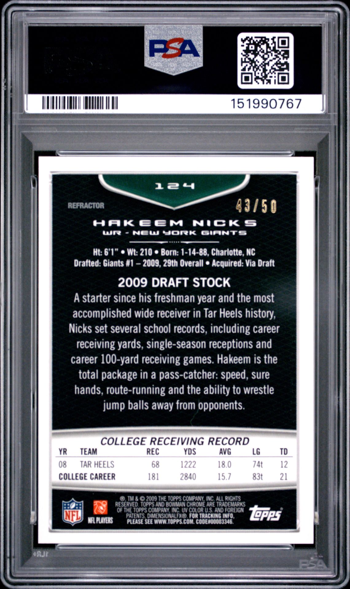 2009 Bowman Chrome Hakeem Nicks #124 (Gold Refractor) Mint 9 back