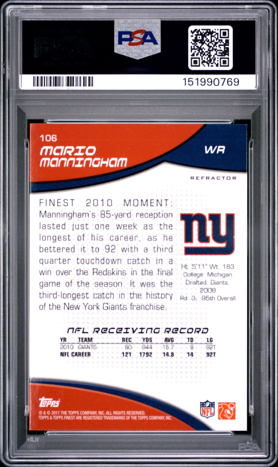 2011 Finest Mario Manningham #106 (Gold Refractor) Nm-Mt 8 back