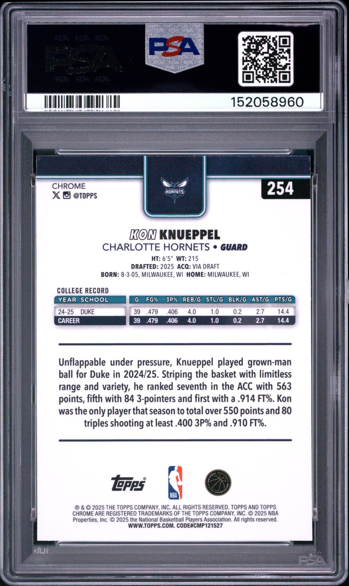 2025 Topps Chrome Kon Knueppel #254 (Basketball Refractor) Mint 9 back