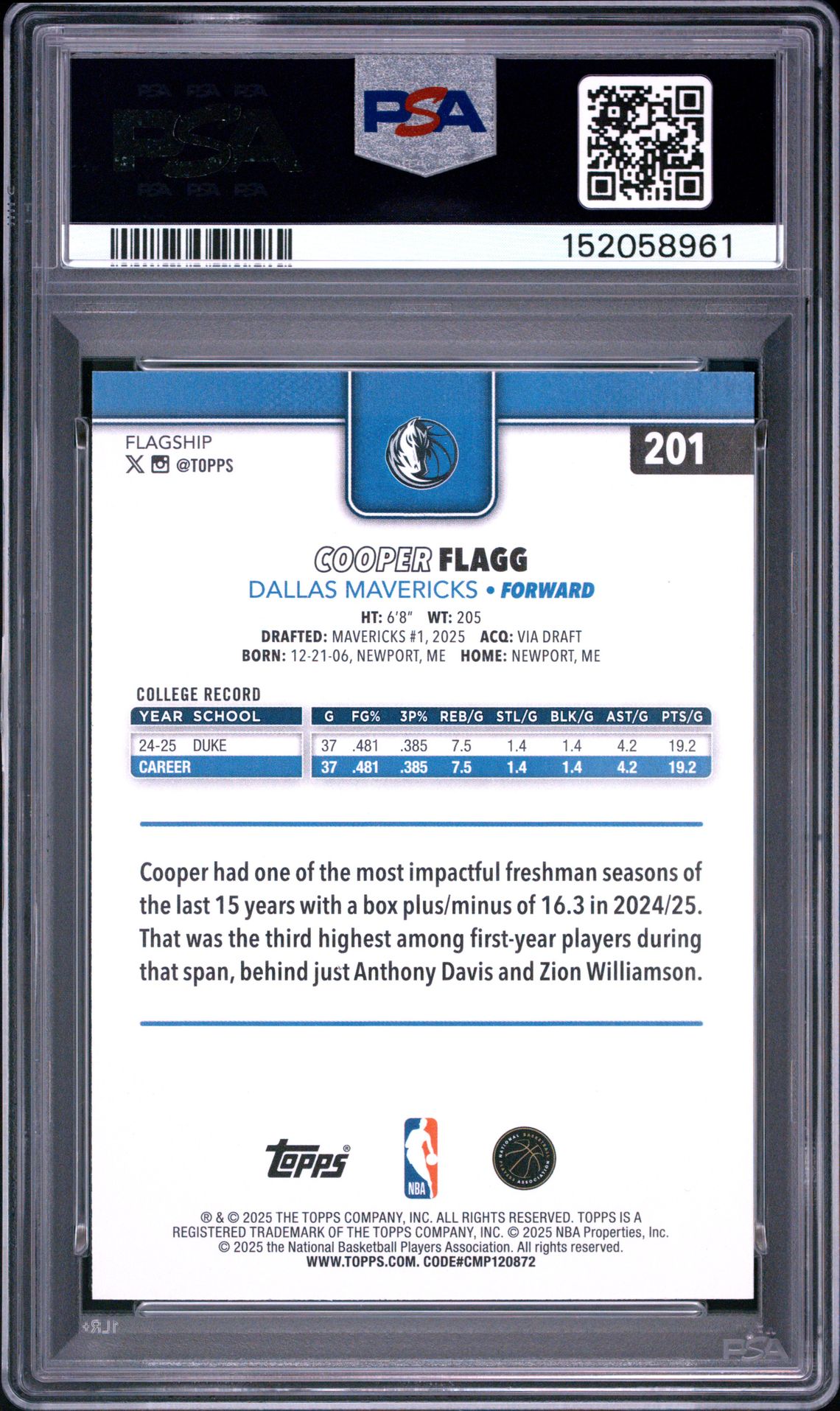 2025 Topps Cooper Flagg #201 Mint 9 back