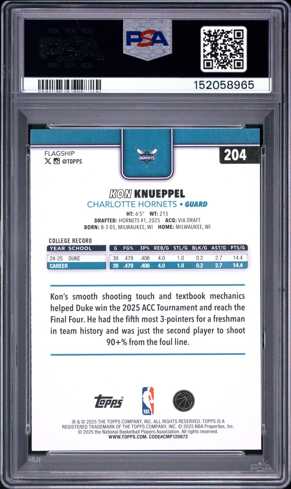 2025 Topps Kon Knueppel #204 Mint 9 back