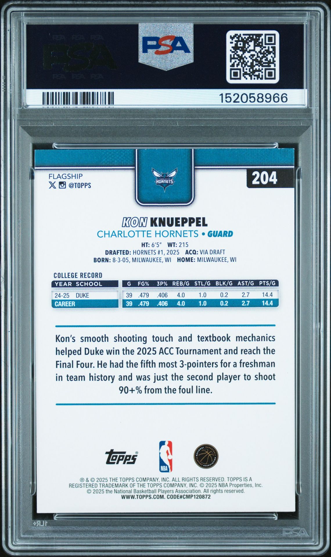 2025 Topps Kon Knueppel #204 Mint 9 back