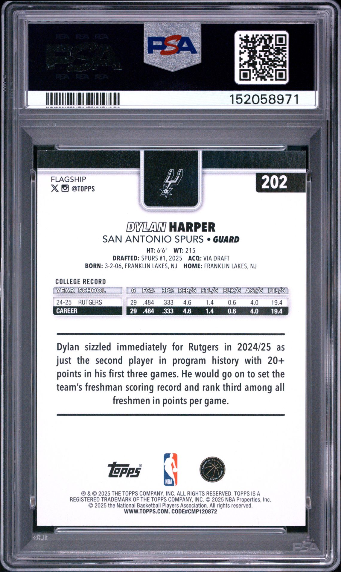 2025 Topps Dylan Harper #202 (Season Tip Off) Mint 9 back