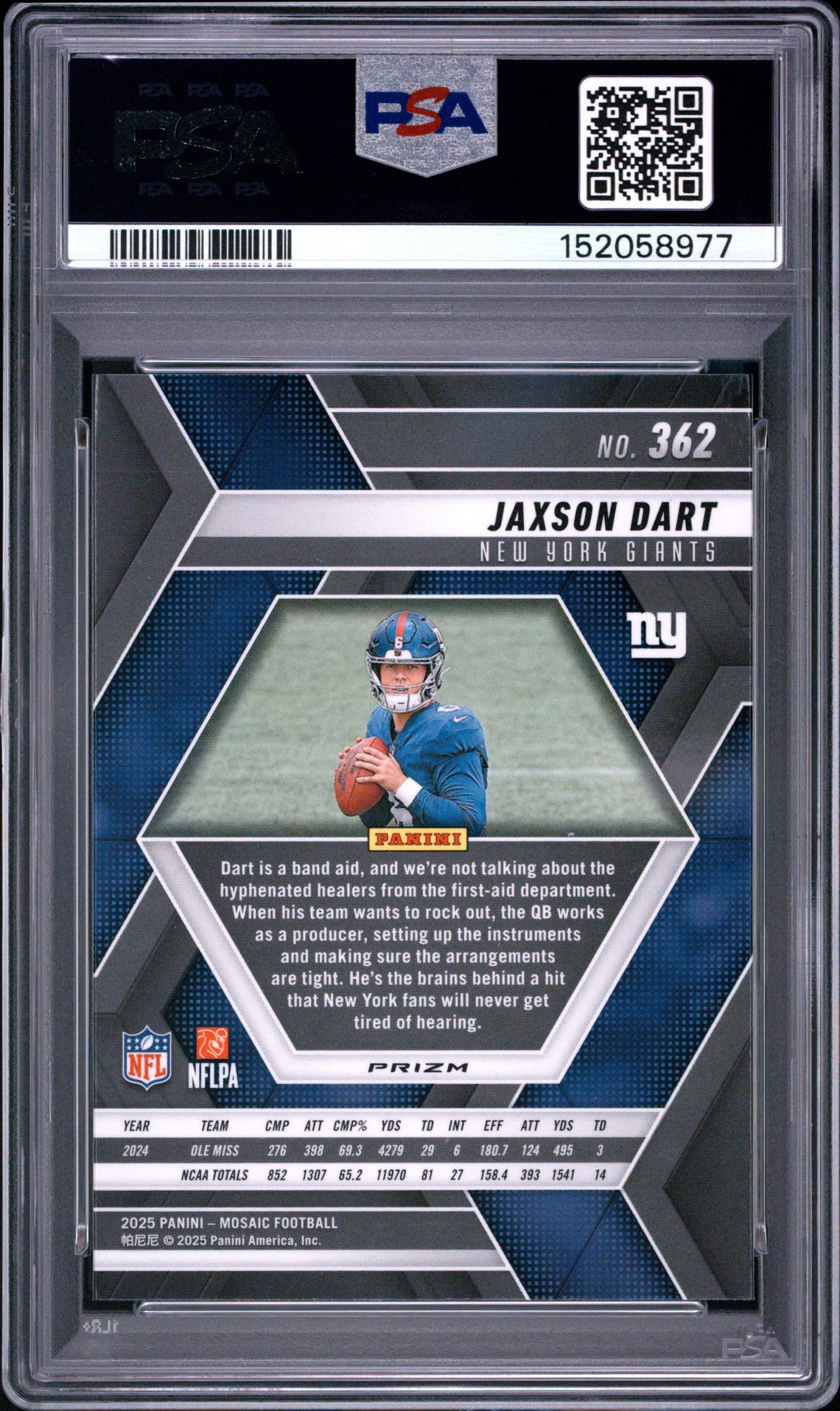 2025 Panini Mosaic Jaxson Dart #362 (Purple Scope) Gem Mt 10 back