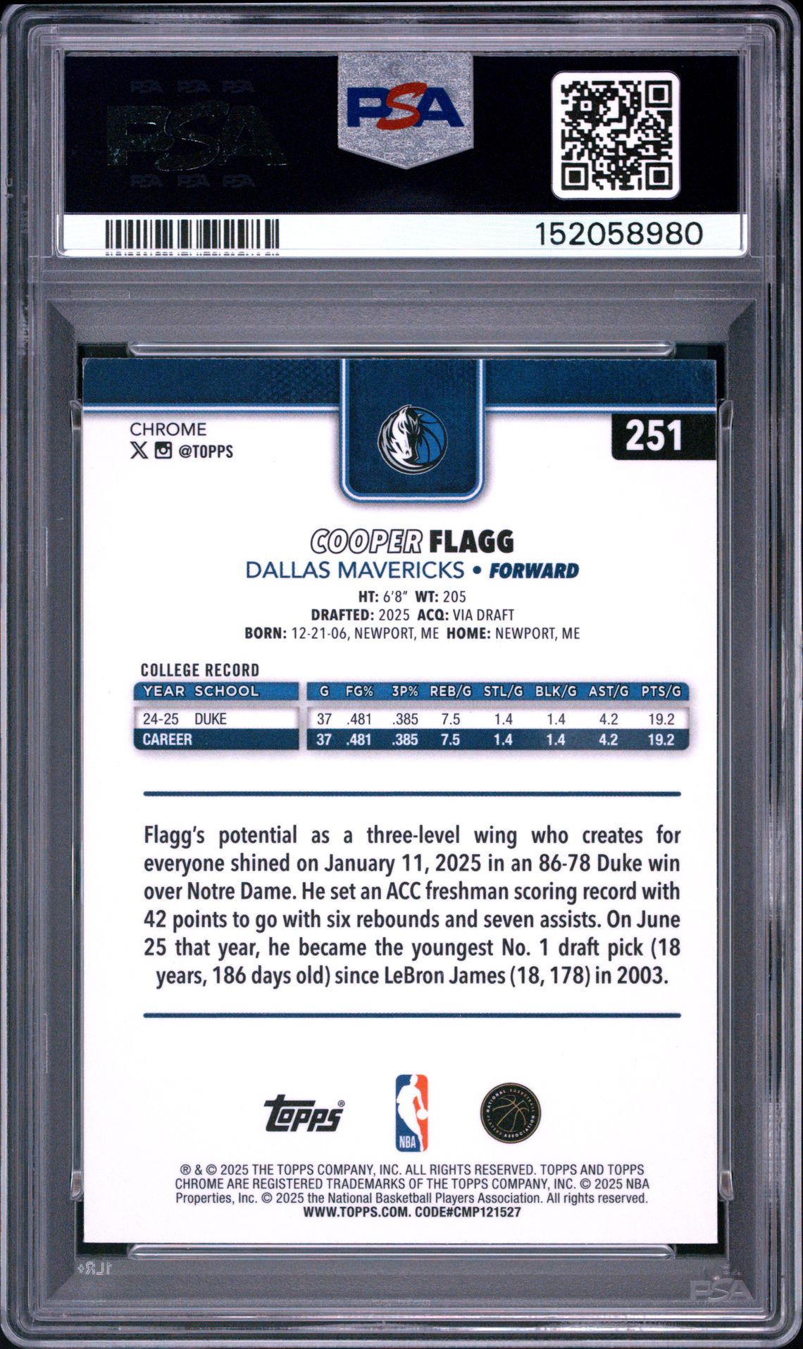 2025 Topps Chrome Cooper Flagg #251 Nm-Mt 8 back