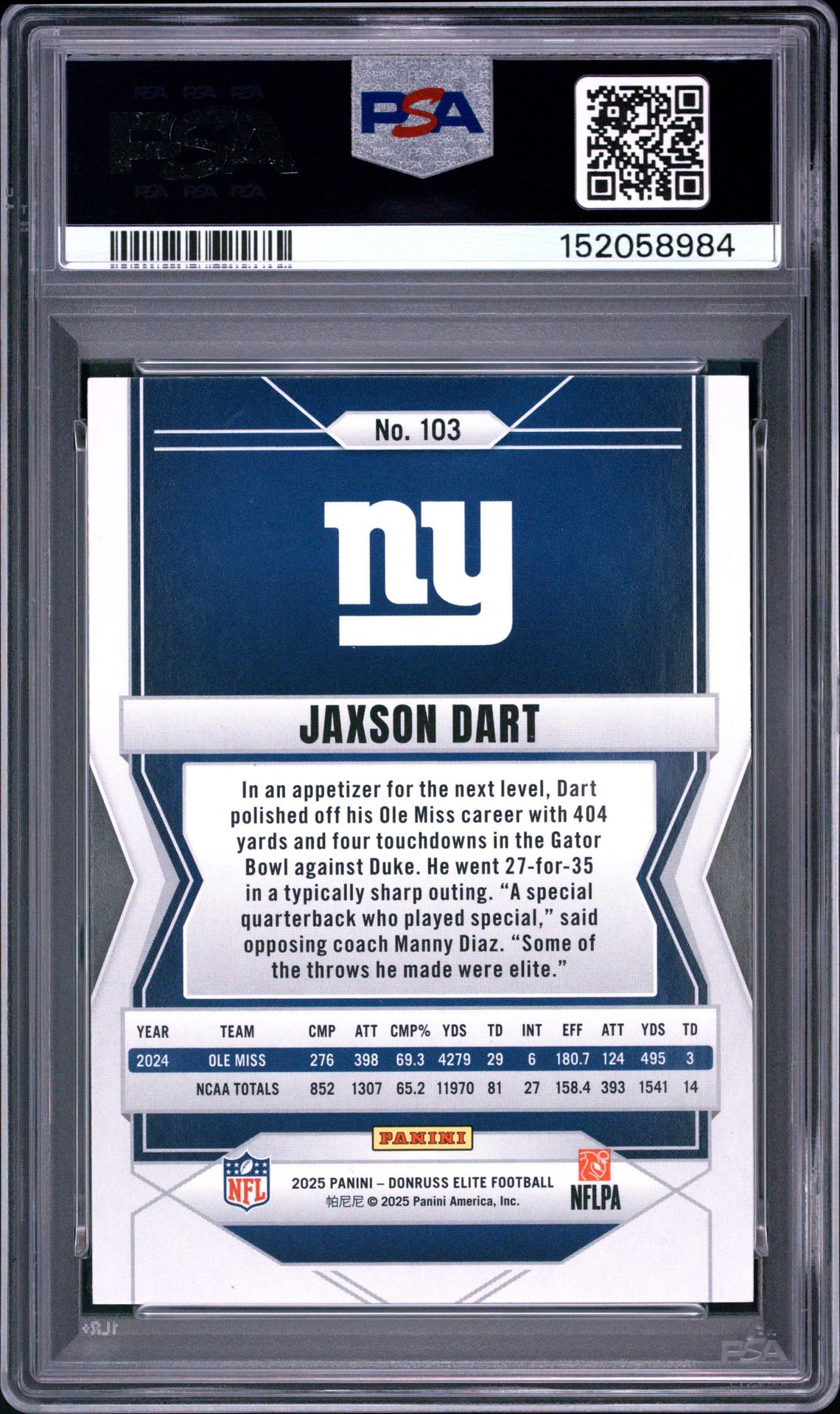 2025 Panini Donruss Elite Jaxson Dart #103 (Green Disco) Gem Mt 10 back