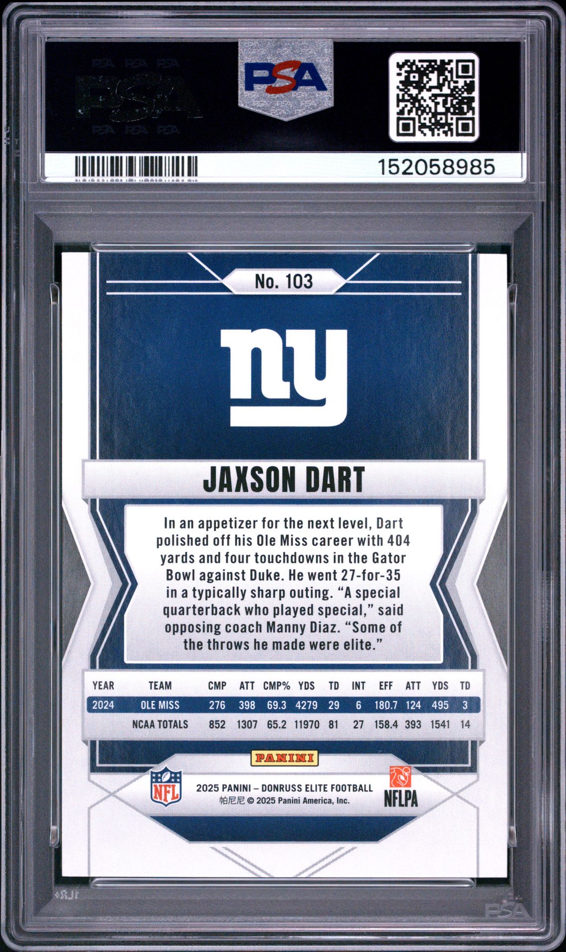 2025 Panini Donruss Elite Jaxson Dart #103 (Green Disco) Gem Mt 10 back