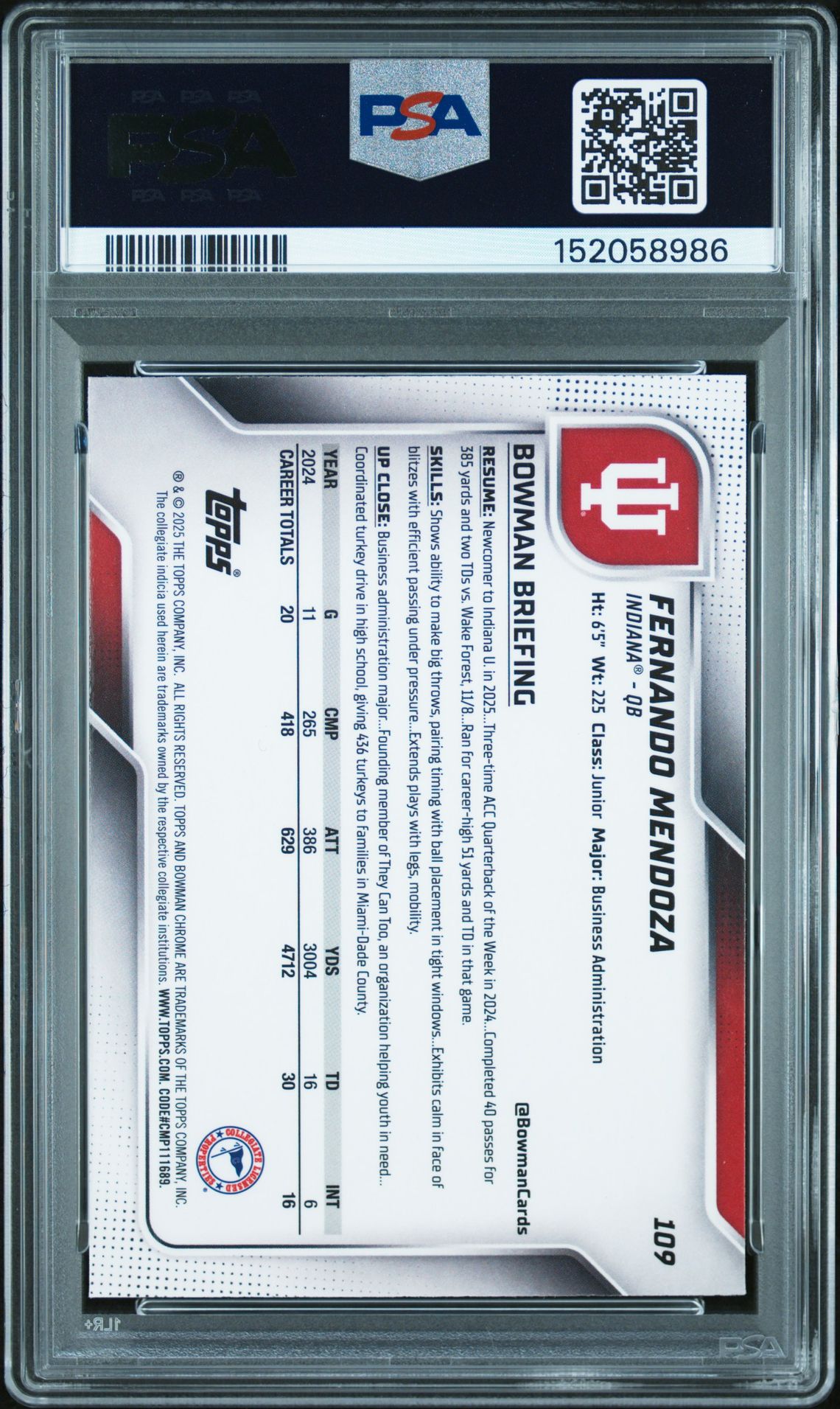 2025 Bowman University Chrome Fernando Mendoza #109 Gem Mt 10 back