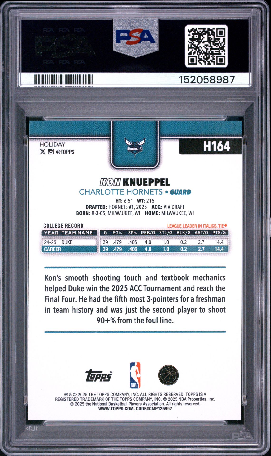 2025 Topps Holiday Kon Knueppel #H164 Mint 9 back