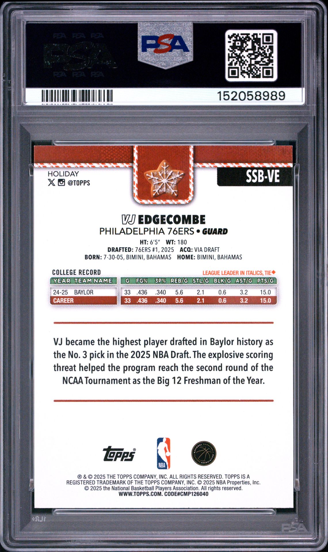 2025 Topps Holiday Holiday Backs Variation Super Short Prints Vj Edgecombe #Ssb-Ve Mint 9 back