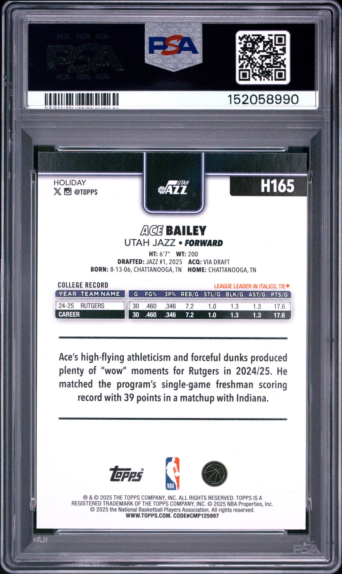 2025 Topps Holiday Ace Bailey #H165 (Blue Metallic Glitter) Nm-Mt 8 back