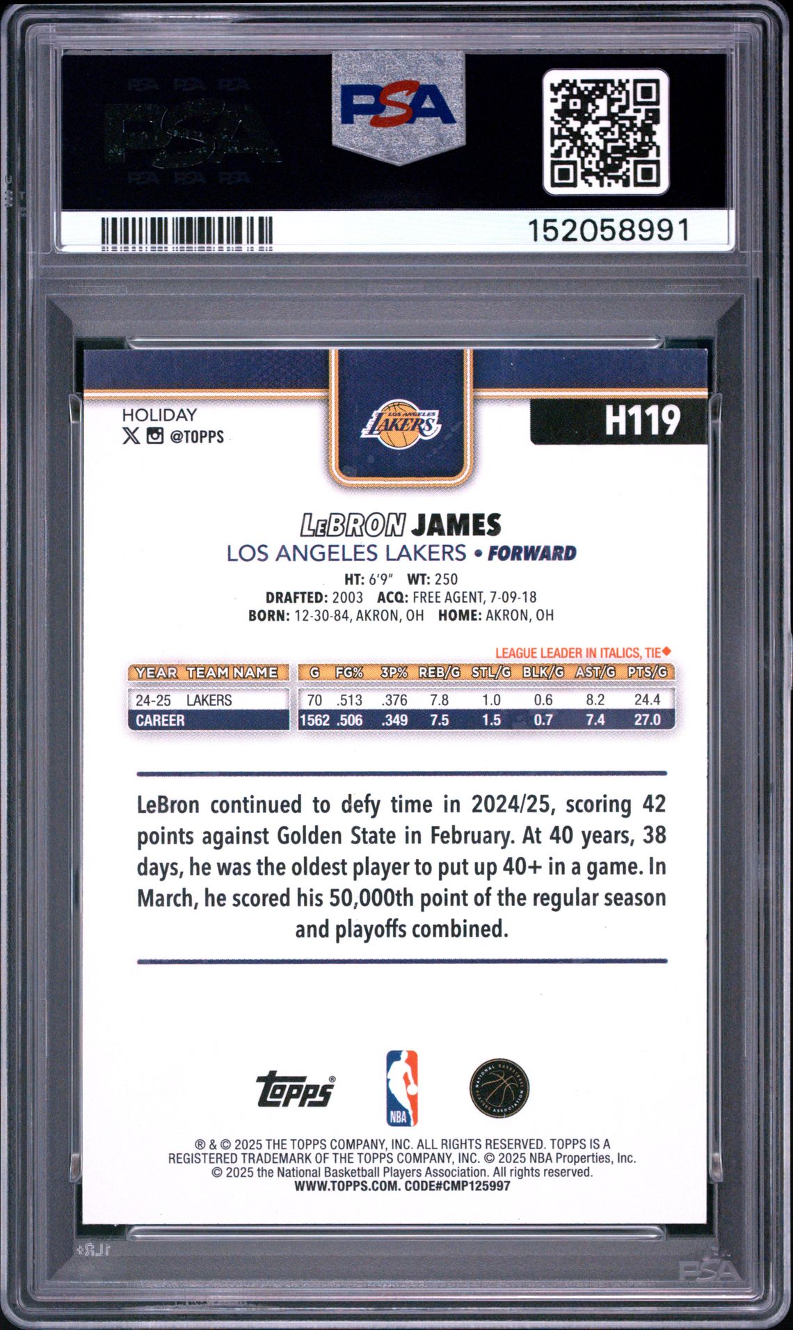 2025 Topps Holiday Lebron James #H119 (Glitter) Mint 9 back