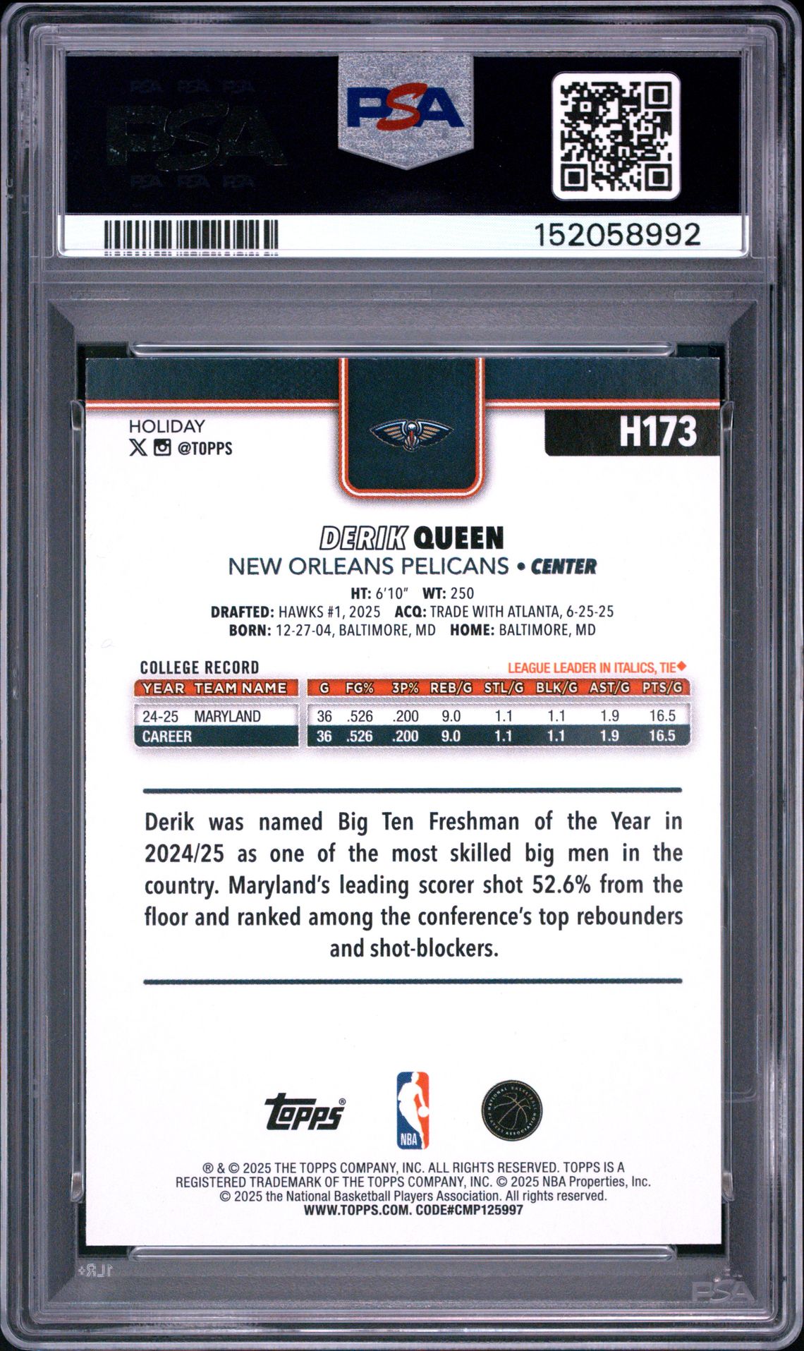 2025 Topps Holiday Derik Queen #H173 (Glitter) Mint 9 back