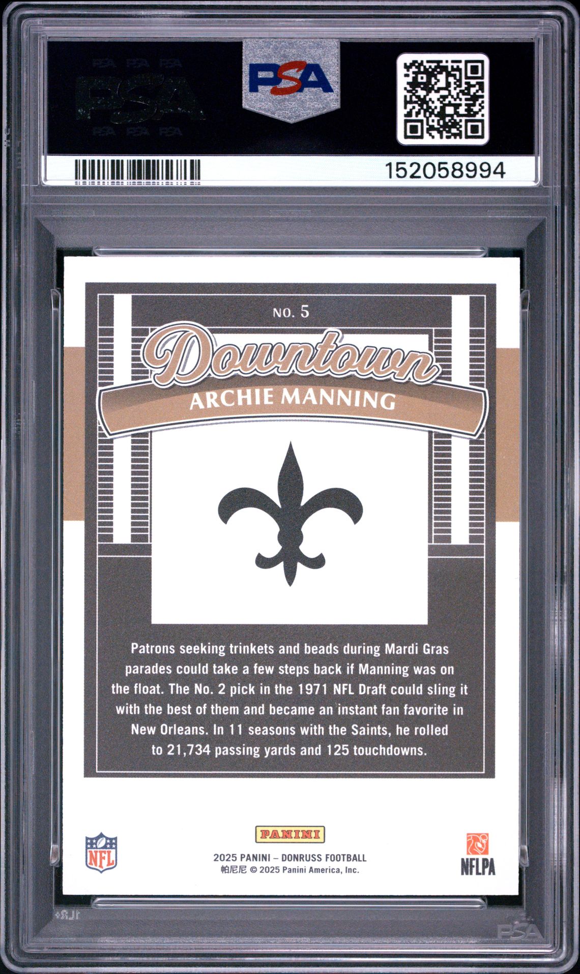 2025 Panini Donruss Downtown Archie Manning #5 Gem Mt 10 back