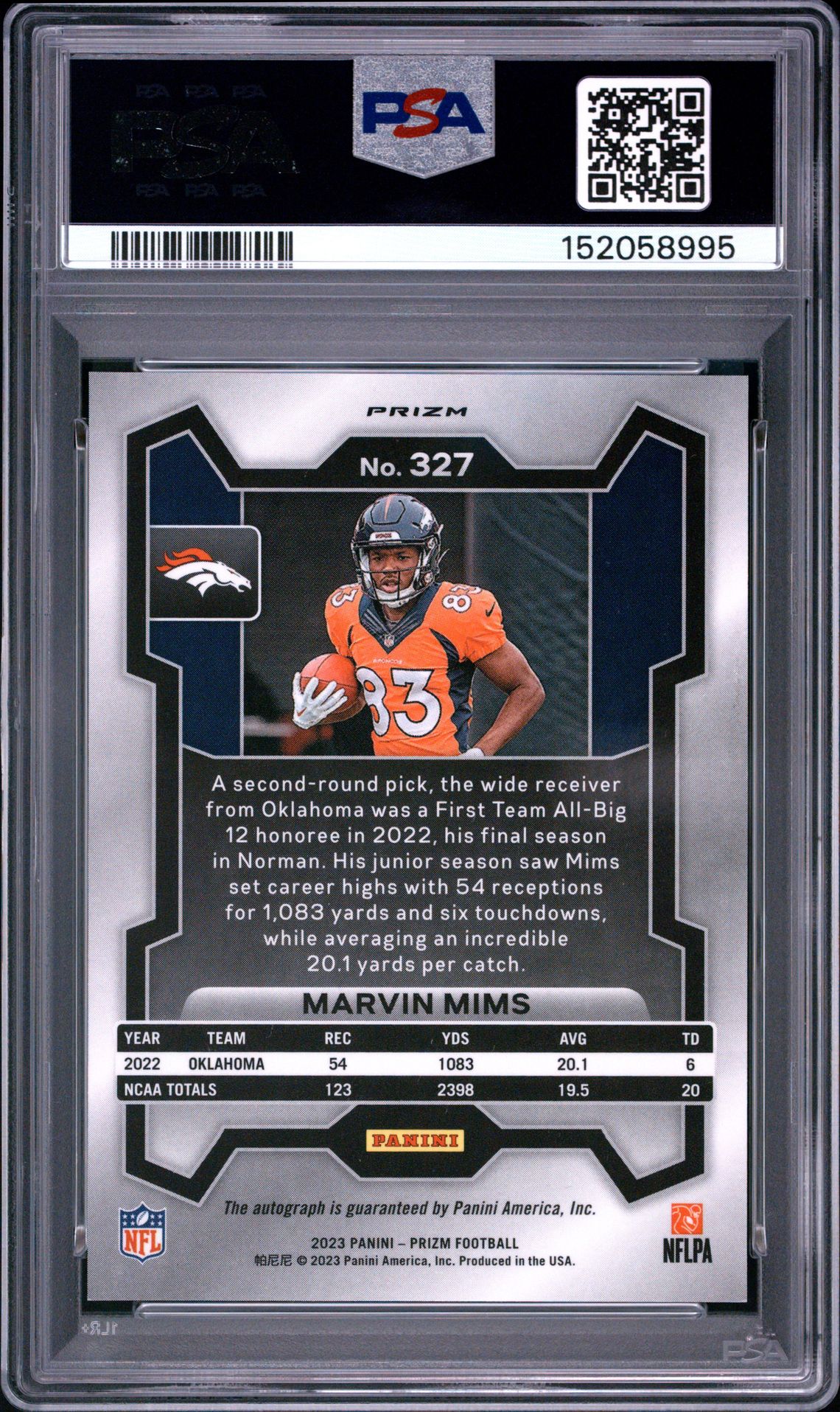2023 Panini Prizm Marvin Mims #327 (Autograph-Pink Prizm) Gem Mt 10 back