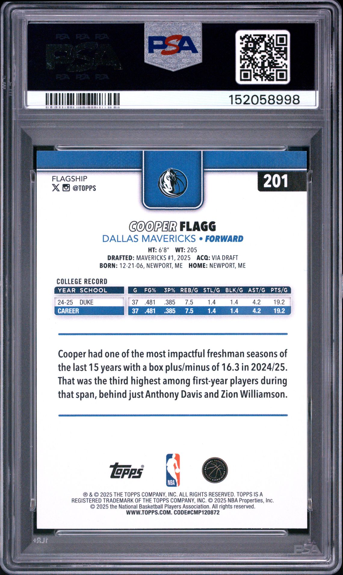 2025 Topps Cooper Flagg #201 Gem Mt 10 back