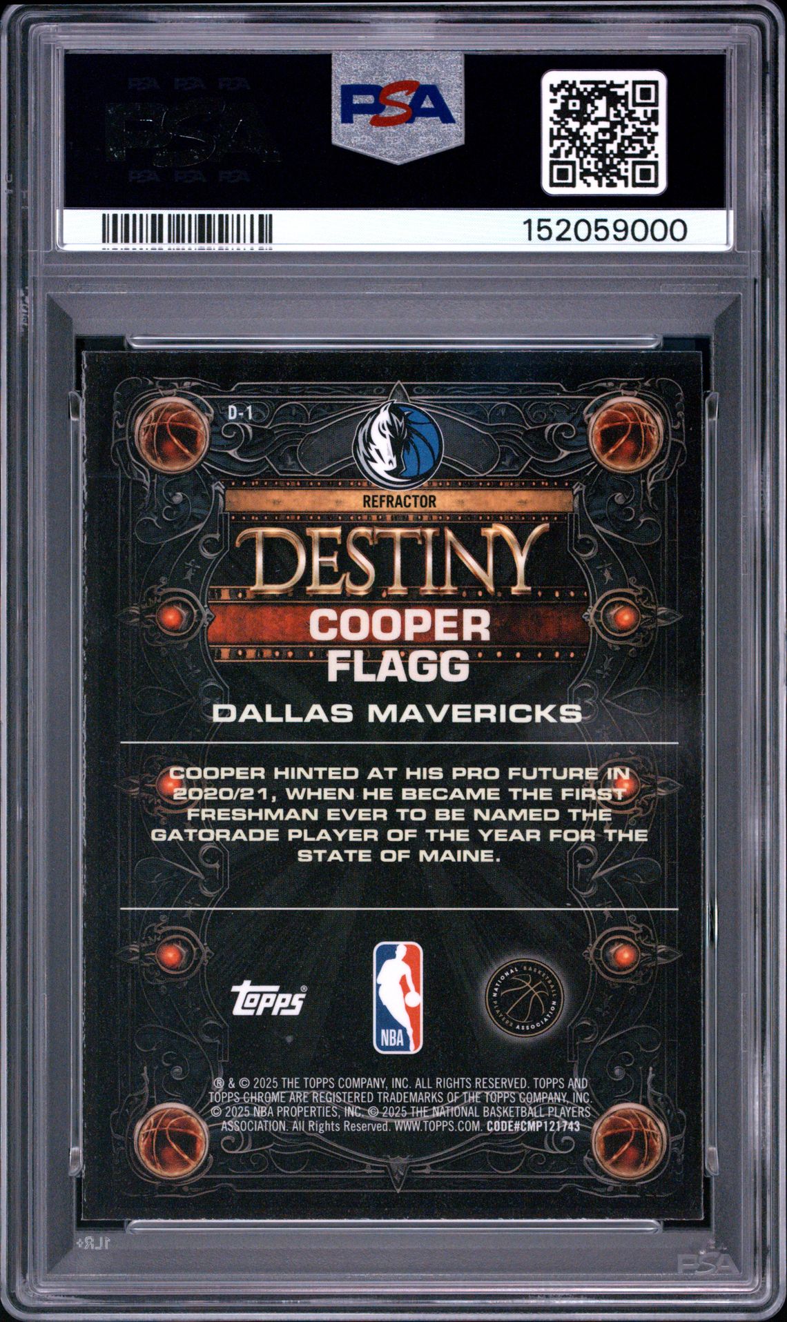 2025 Topps Chrome Destiny Cooper Flagg #D-1 (Destiny-Refractor) Gem Mt 10 back