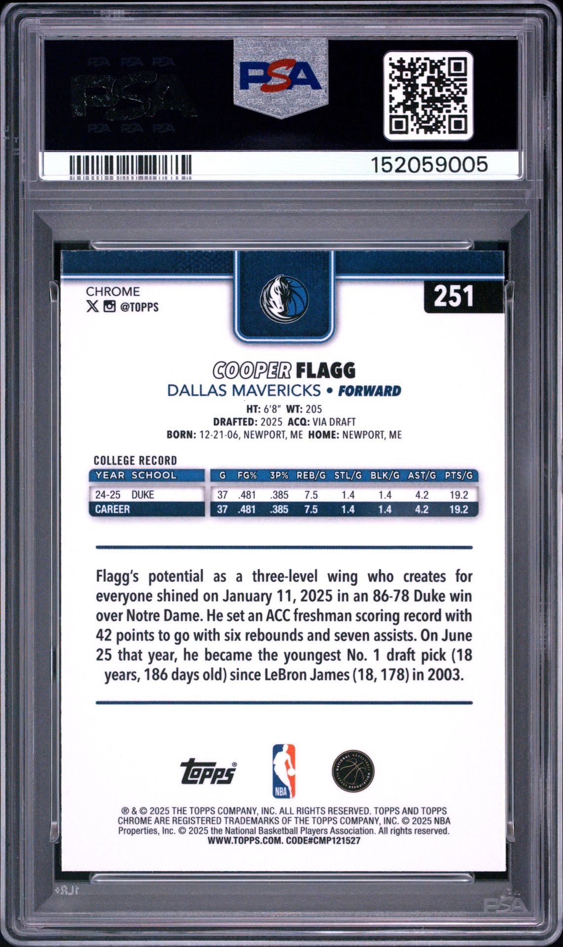 2025 Topps Chrome Cooper Flagg #251 Gem Mt 10 back
