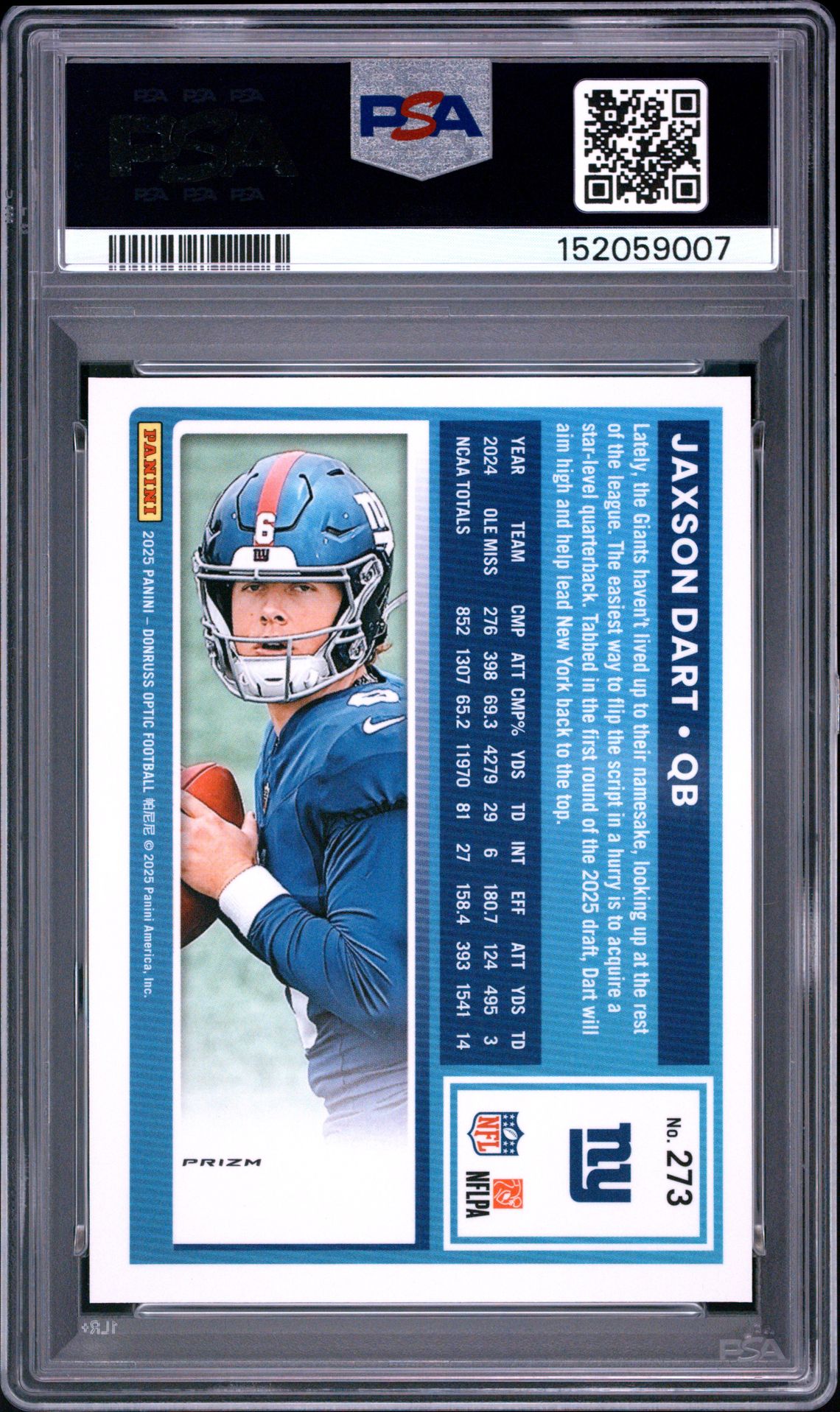 2025 Panini Donruss Optic Jaxson Dart #273 (Purple Shock) Gem Mt 10 back