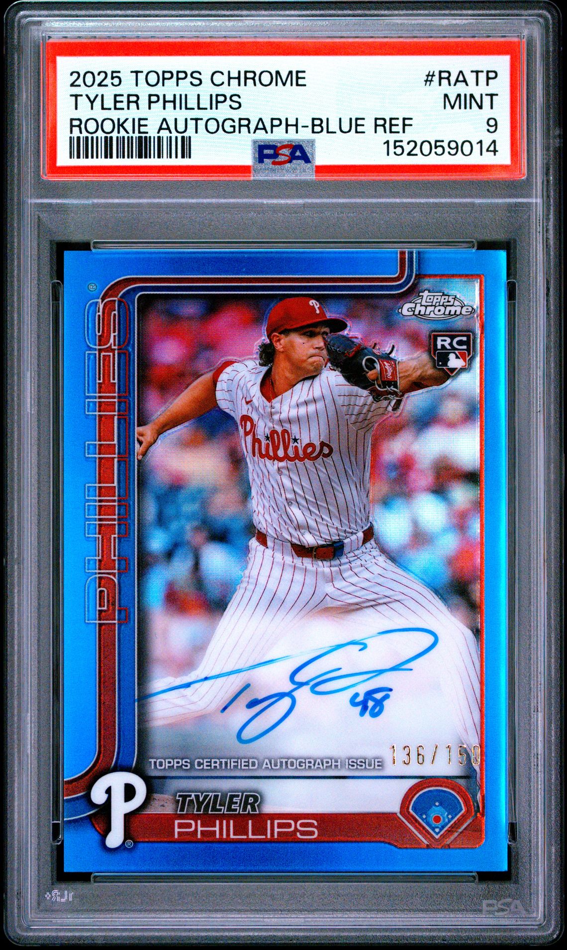 2025 Topps Chrome Rookie Autographs Tyler Phillips #Ratp (Rookie Autograph-Blue Ref) Mint 9 front