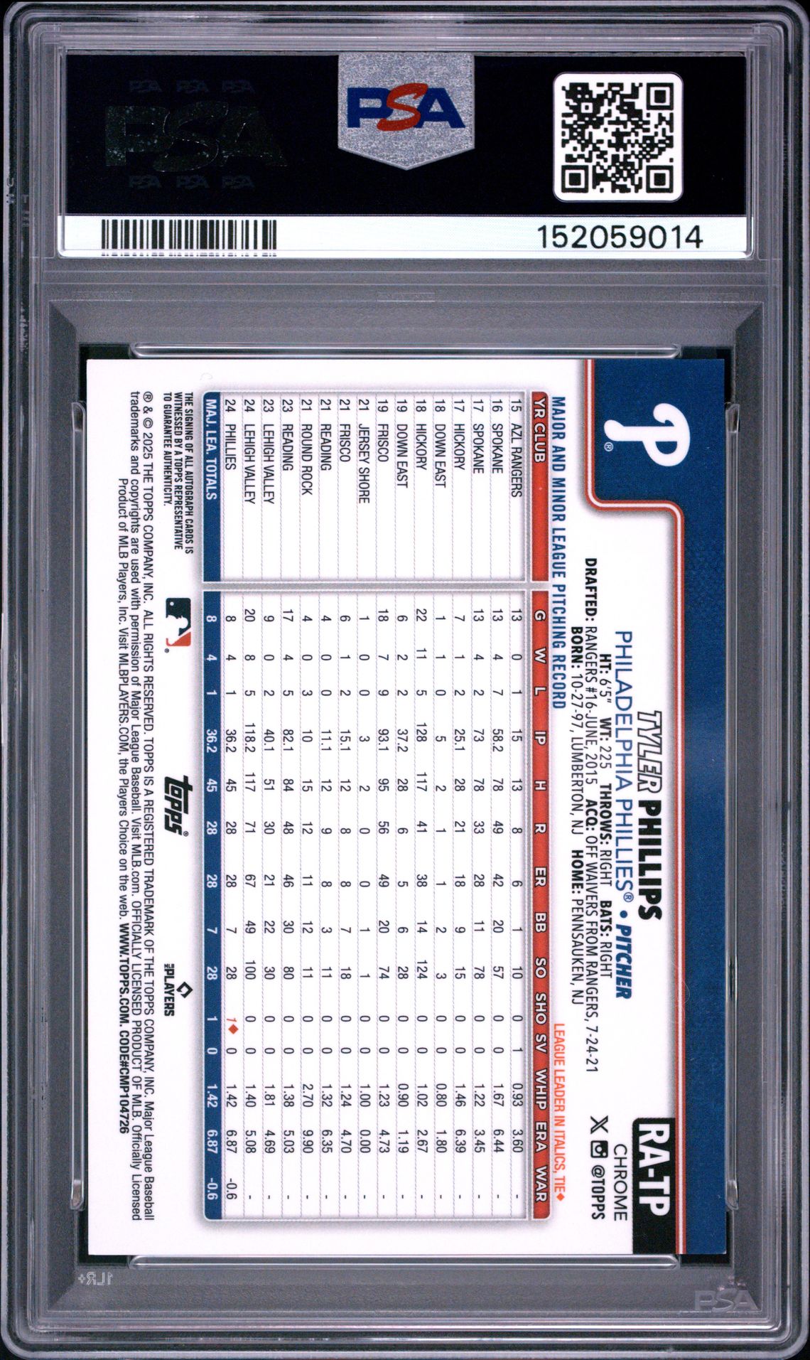 2025 Topps Chrome Rookie Autographs Tyler Phillips #Ratp (Rookie Autograph-Blue Ref) Mint 9 back