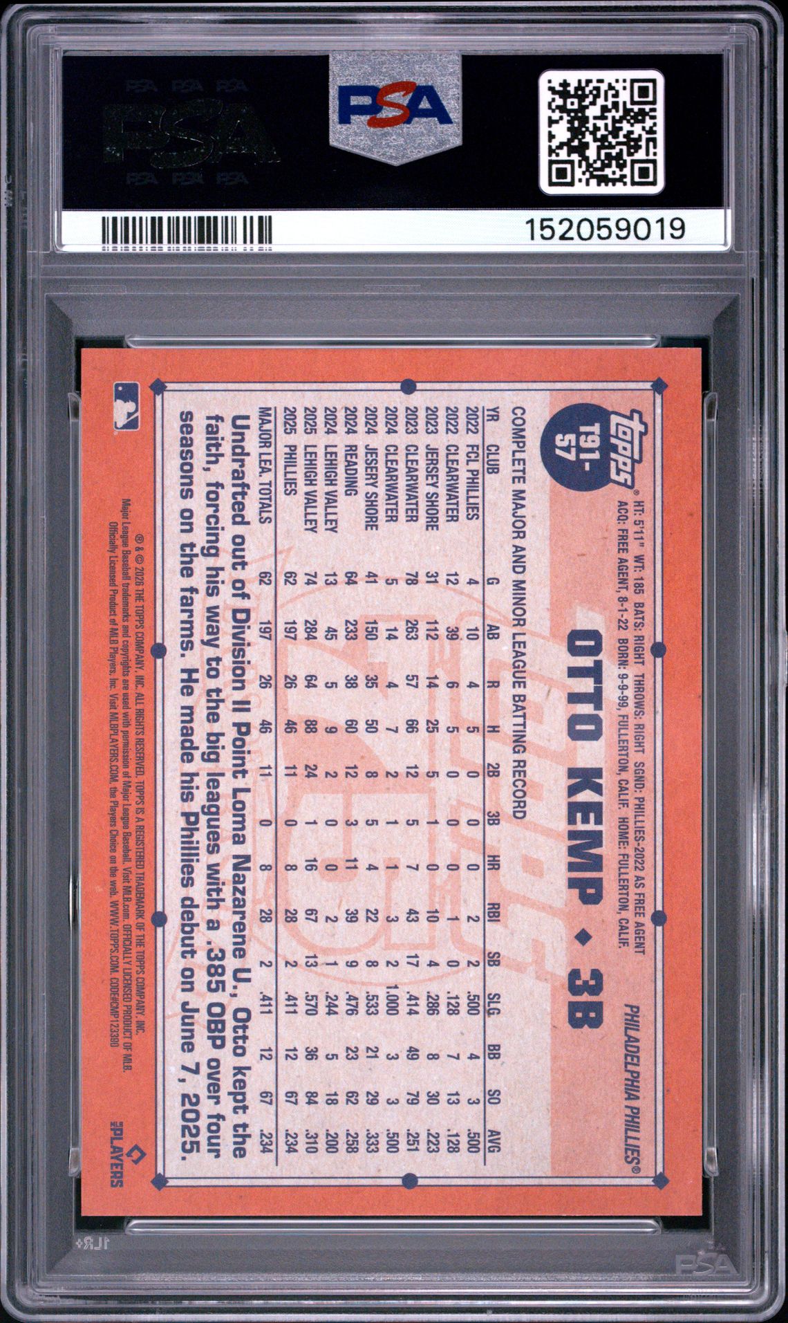 2026 Topps 1991 Topps Baseball Otto Kemp #57 (1991 Topps-Blue) Nm-Mt 8 back