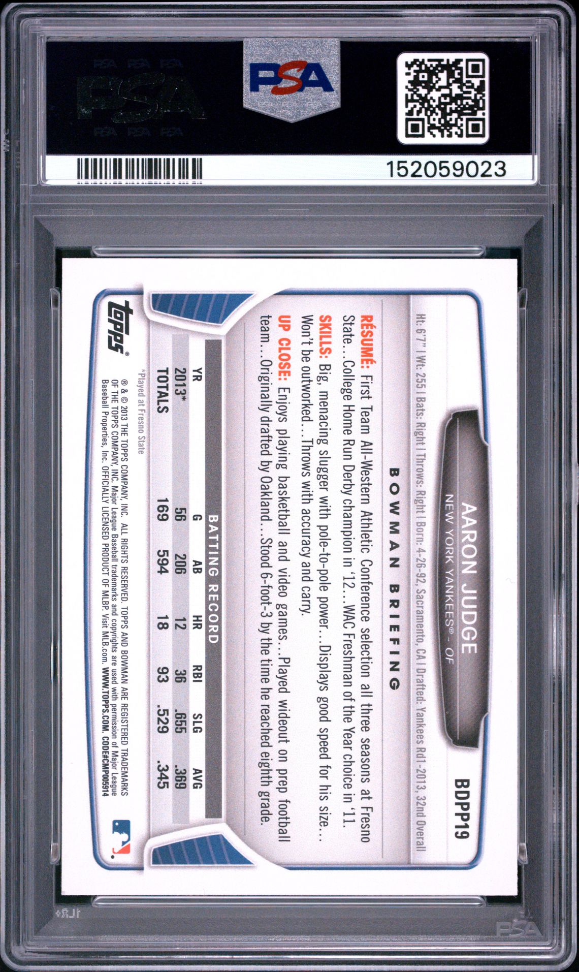 2013 Bowman Draft Picks & Prospects Aaron Judge #Bdpp19 Mint 9 back
